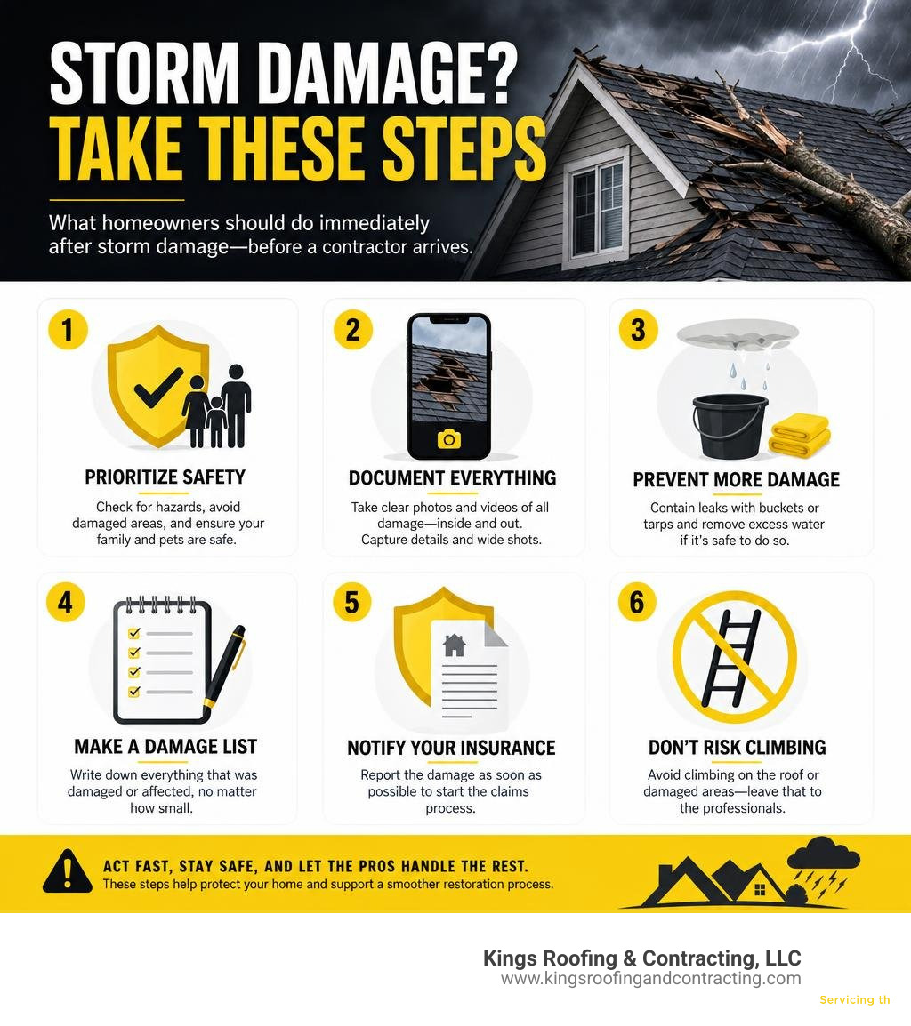 Steps homeowners should take immediately after storm damage before a contractor arrives infographic