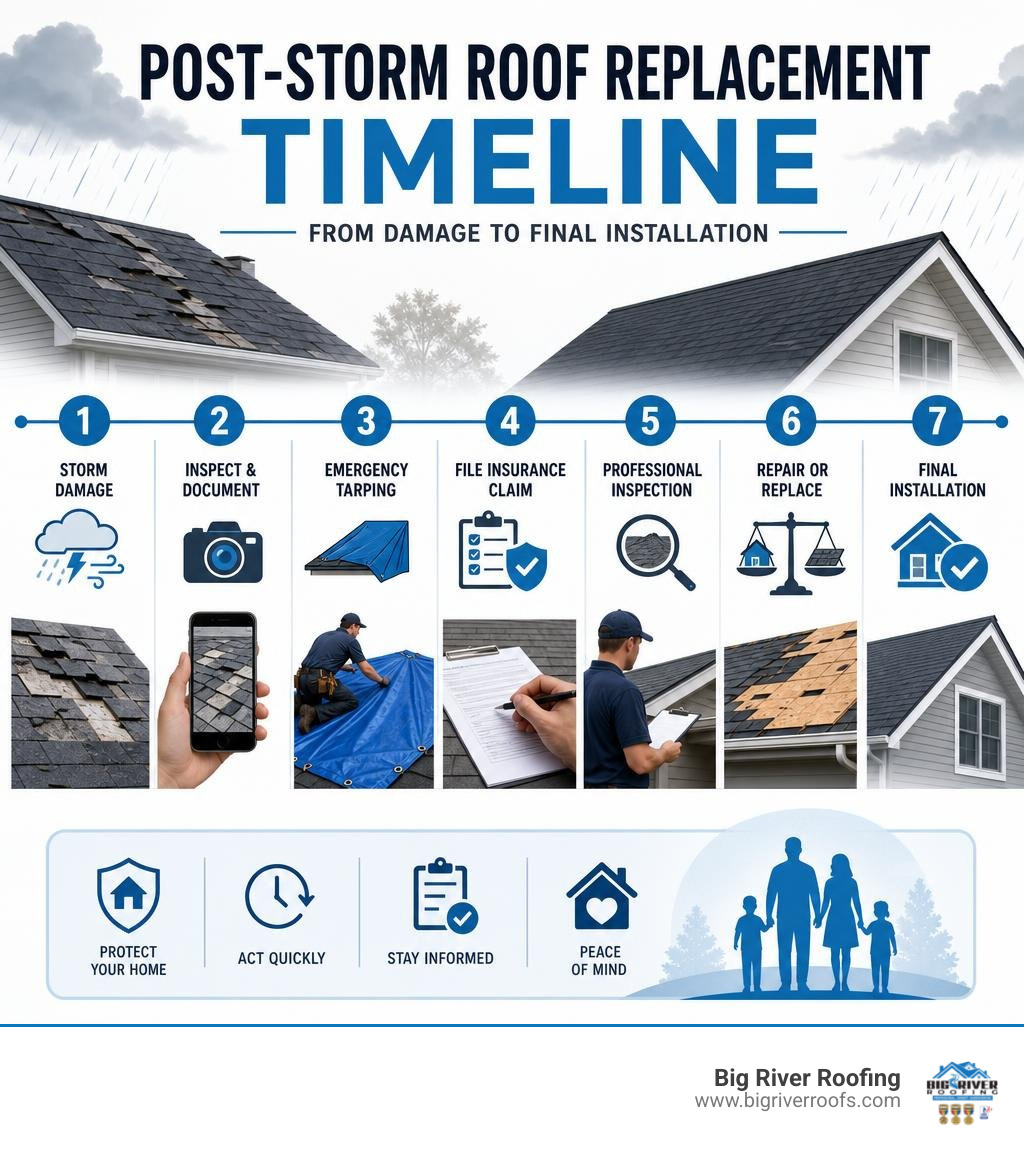 Post-storm roof replacement timeline infographic from damage to final installation infographic