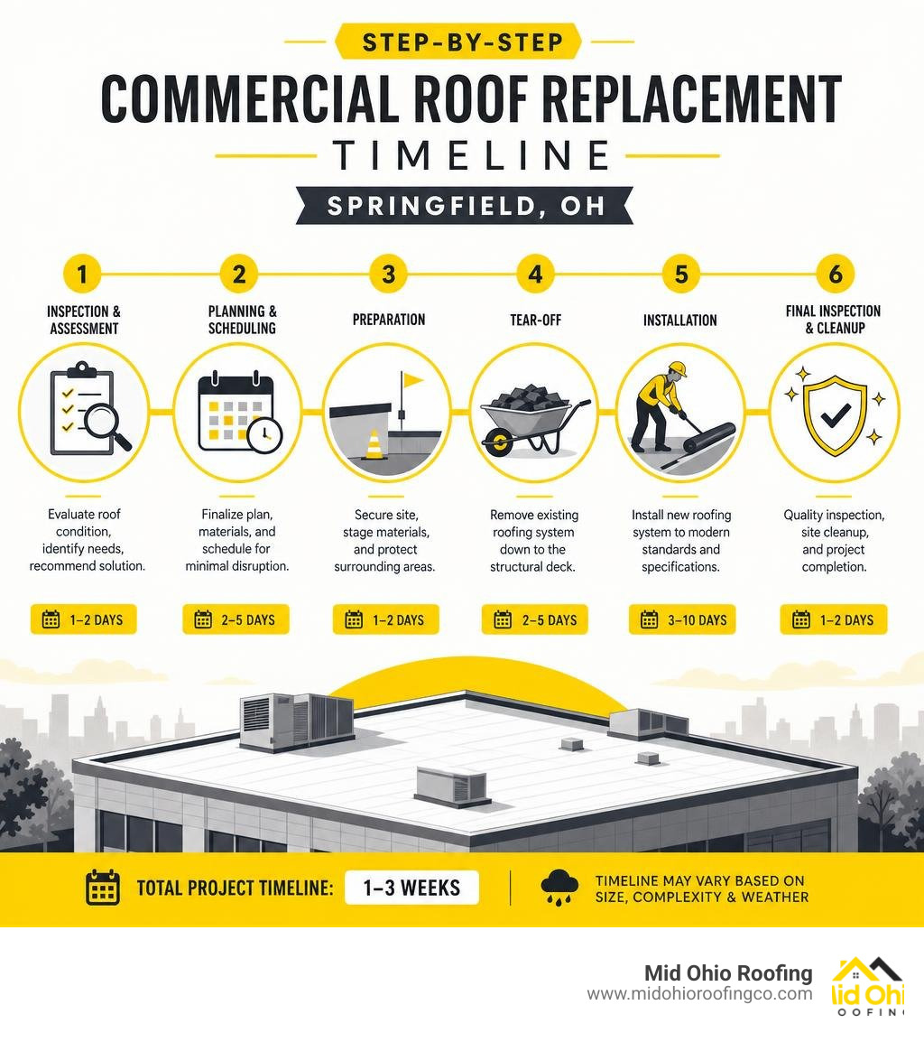 Step-by-step commercial roof replacement timeline infographic for Springfield OH infographic Step-by-step commercial roof replacement timeline infographic for Springfield OH infographic