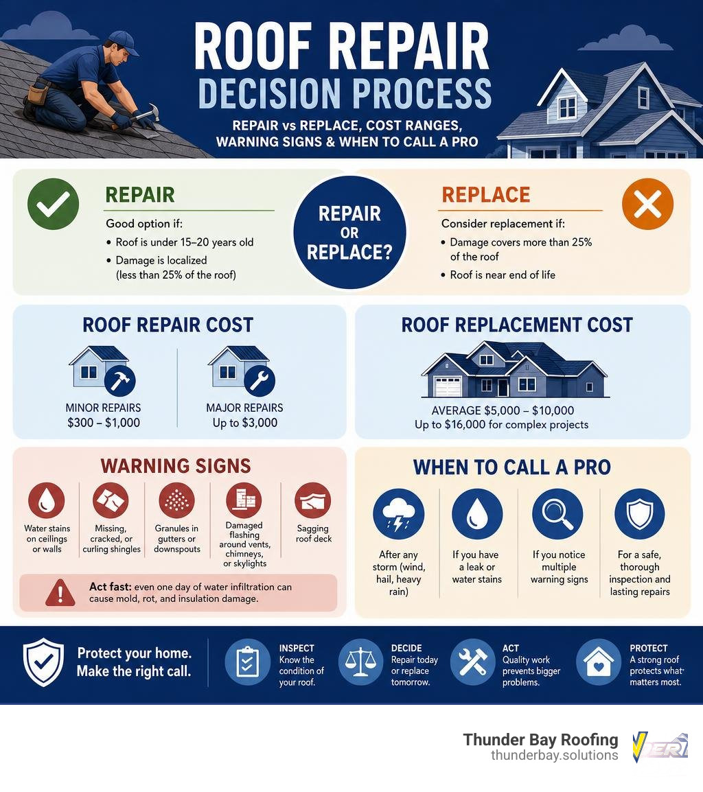 Roof repair decision process infographic: repair vs replace, cost ranges, warning signs, and when to call a pro infographic Roof repair decision process infographic: repair vs replace, cost ranges, warning signs, and when to call a pro infographic