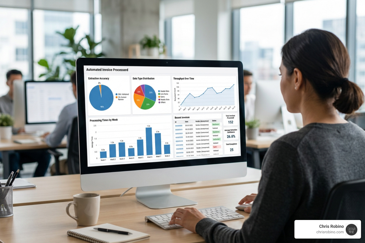 Automated invoice processing dashboard displaying extraction accuracy and processing times