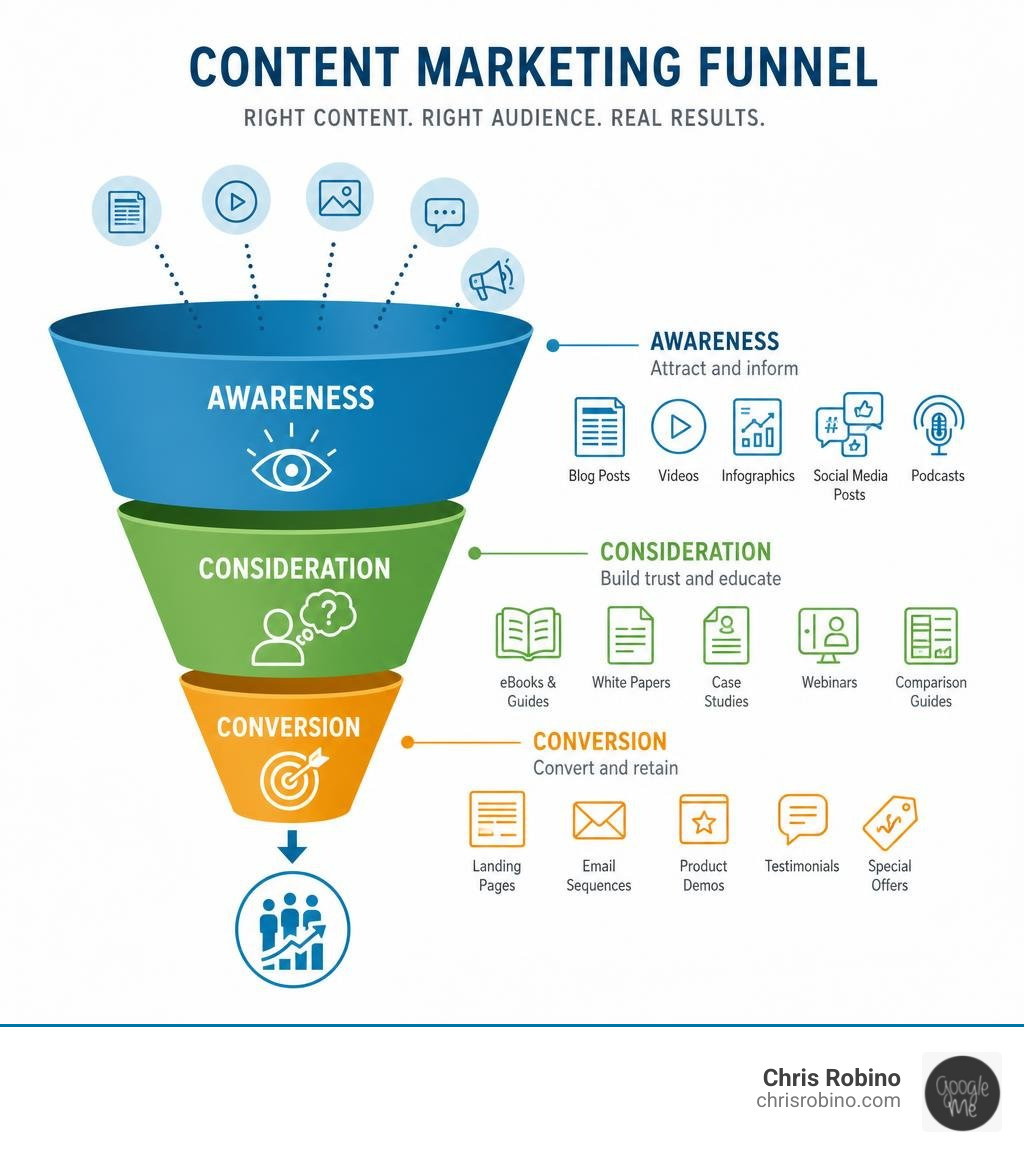 Content marketing funnel showing awareness, consideration, and conversion stages with content types infographic Content marketing funnel showing awareness, consideration, and conversion stages with content types infographic