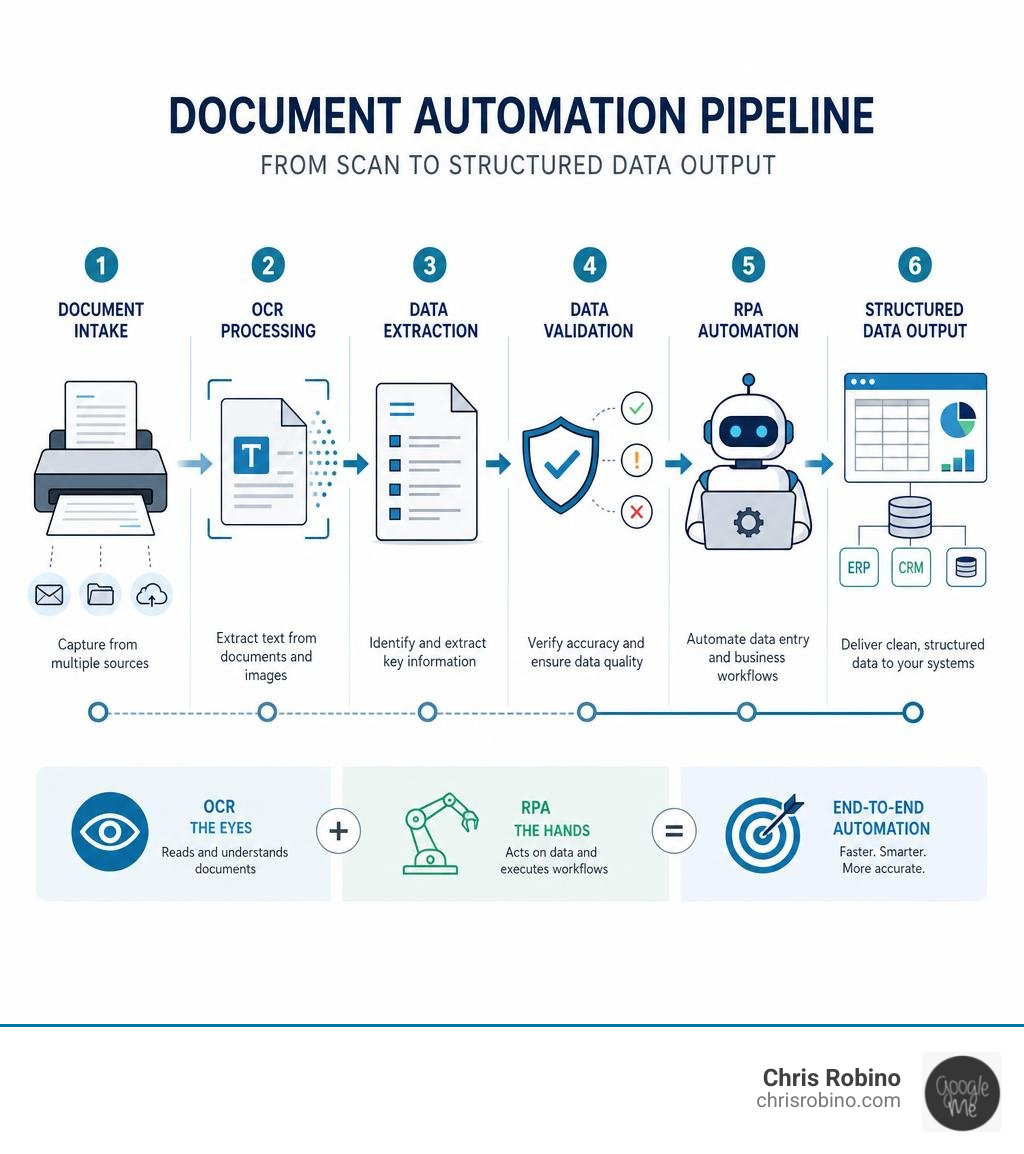 Infographic showing the document automation pipeline from scan to structured data output infographic