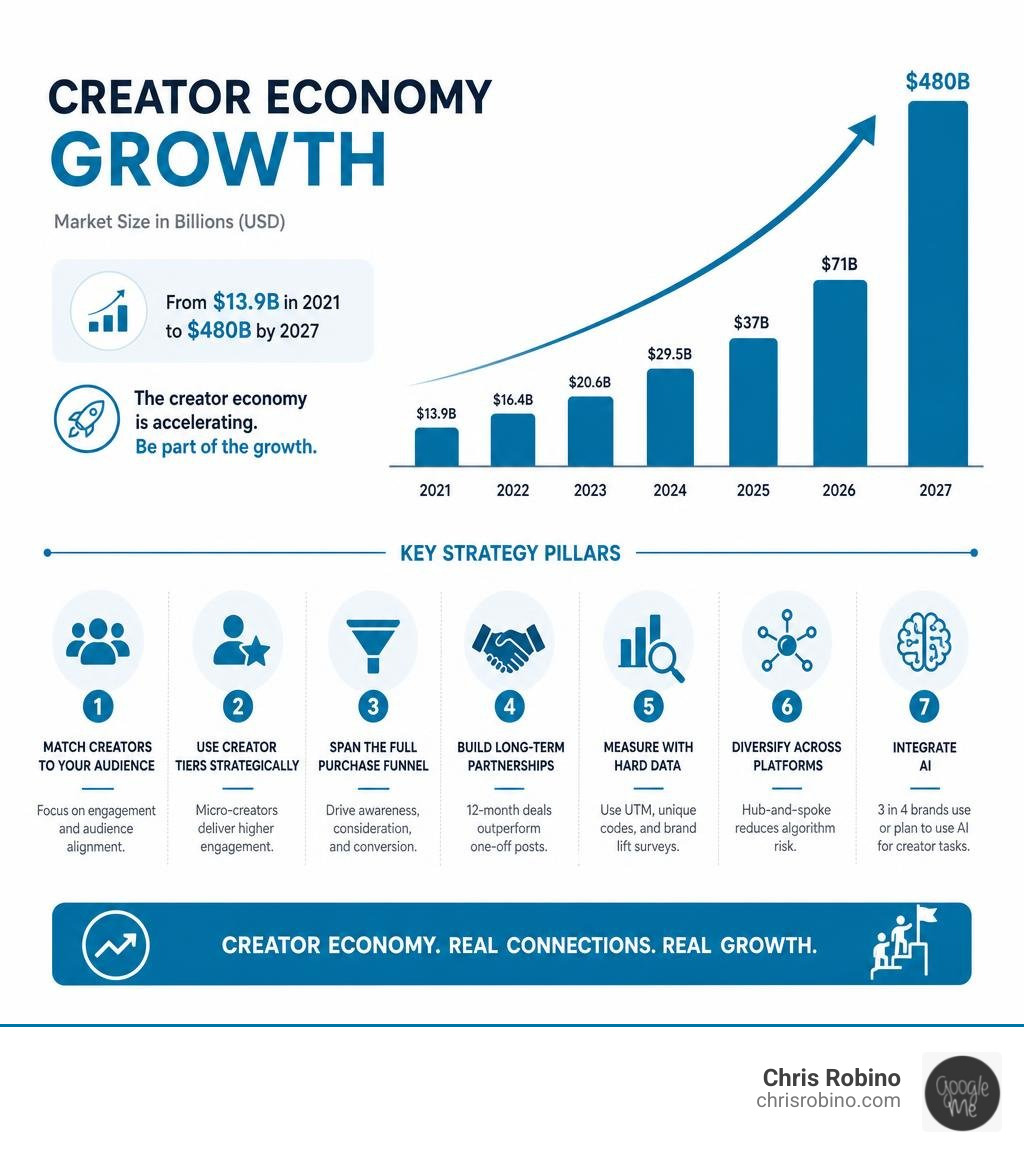 Infographic showing creator economy growth from $13.9B in 2021 to projected $480B by 2027 with key strategy pillars Infographic showing creator economy growth from $13.9B in 2021 to projected $480B by 2027 with key strategy pillars