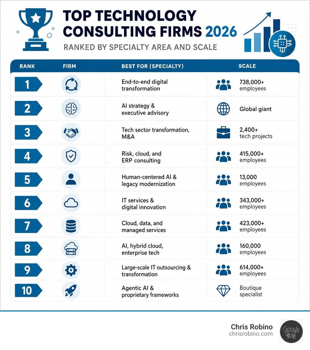 Top technology consulting firms 2026 ranked by specialty area and scale infographic infographic