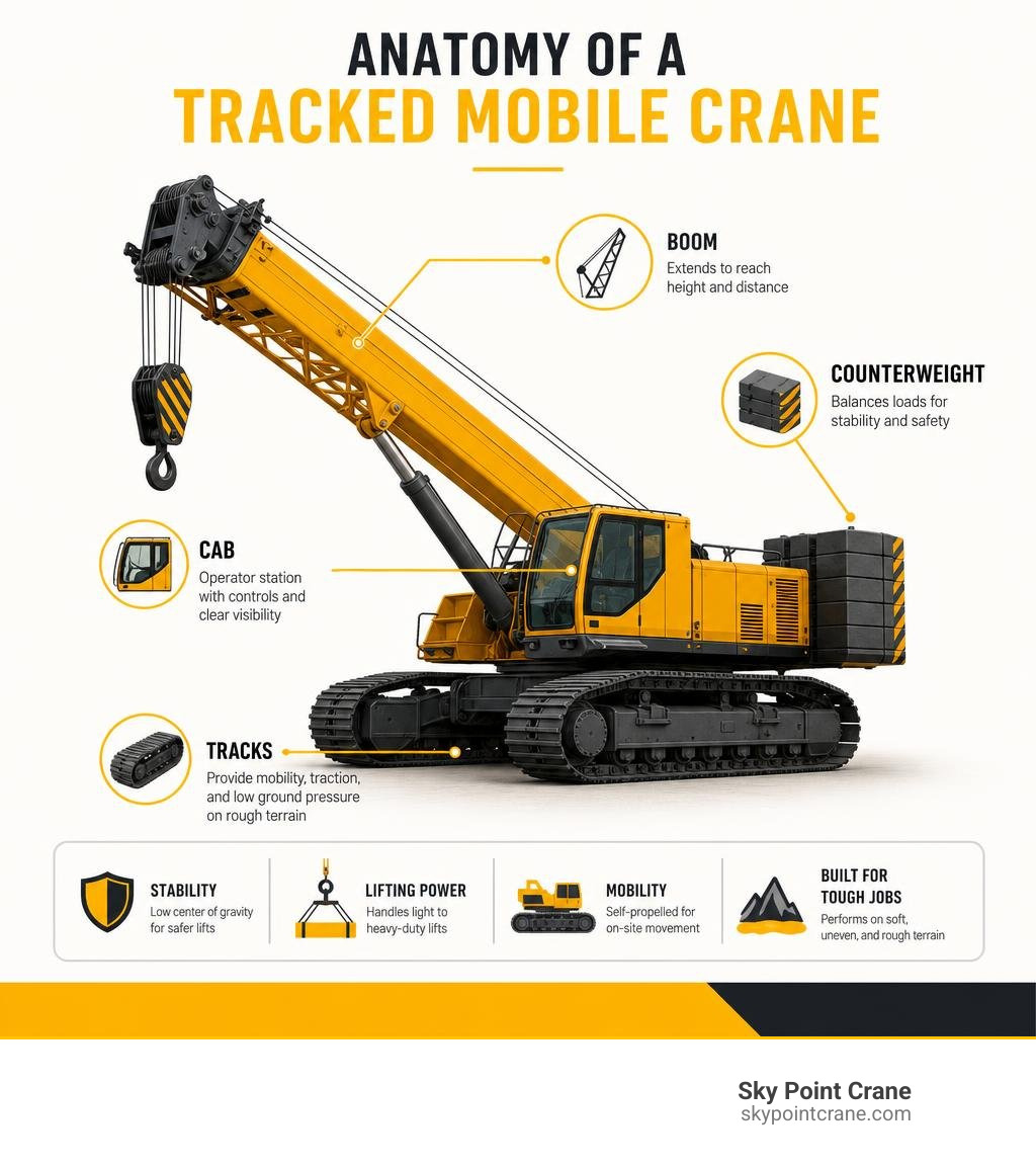 Anatomy of a tracked mobile crane infographic showing tracks, boom, counterweight, and cab components infographic