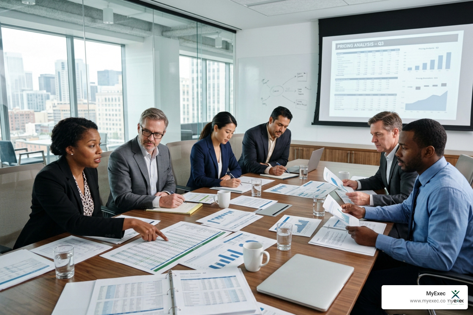 executive team analyzing financial spreadsheets during a pricing strategy session executive team analyzing financial spreadsheets during a pricing strategy session