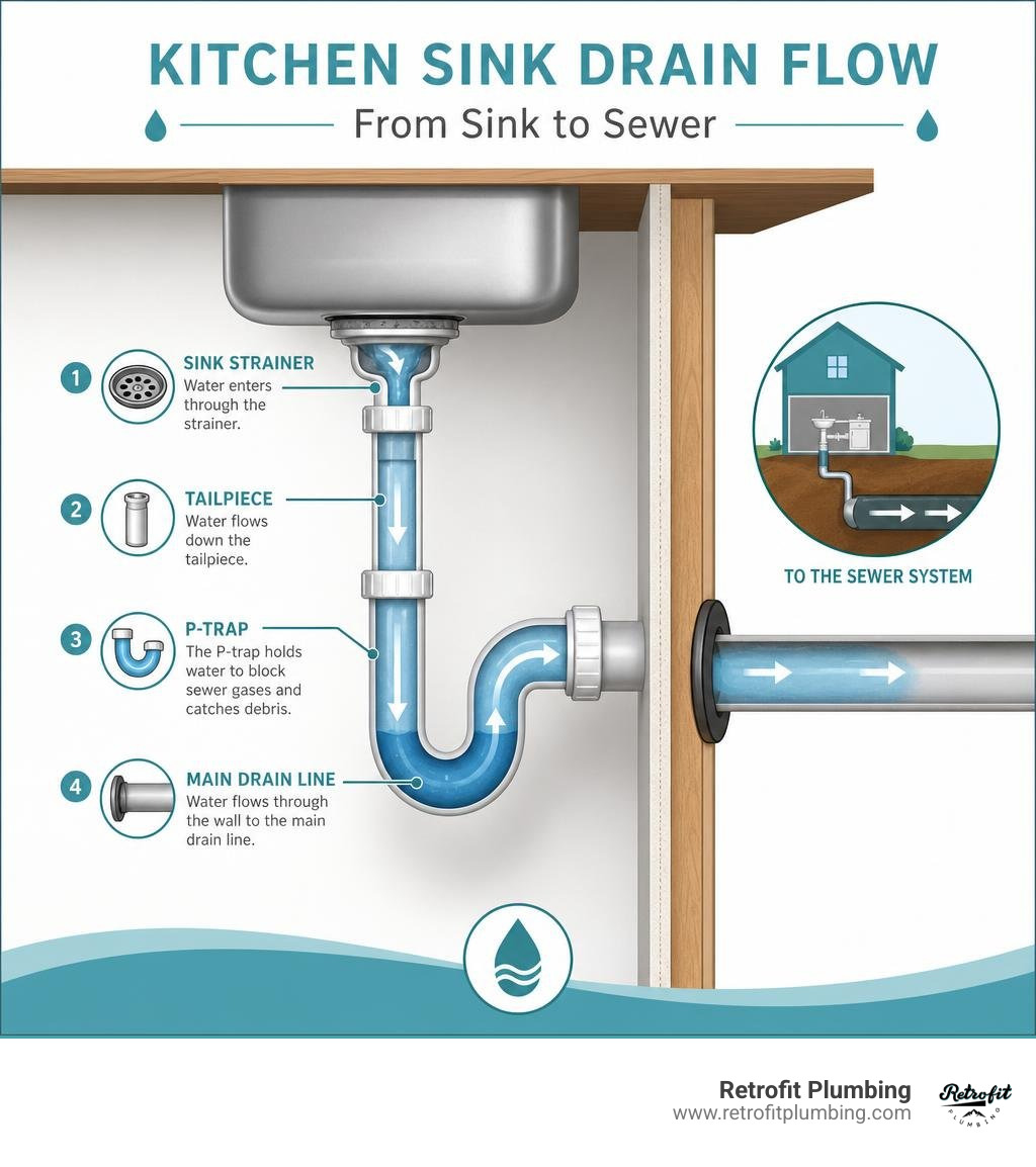 Infographic showing water flow path from kitchen sink strainer through P-trap to main drain line infographic Infographic showing water flow path from kitchen sink strainer through P-trap to main drain line infographic