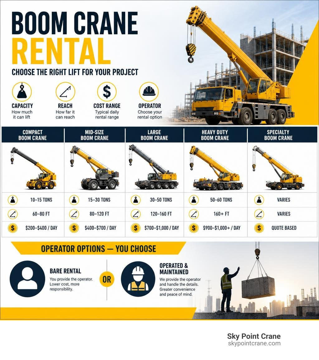 infographic showing boom crane rental types, capacities, reach, cost ranges, and operator options infographic infographic showing boom crane rental types, capacities, reach, cost ranges, and operator options infographic