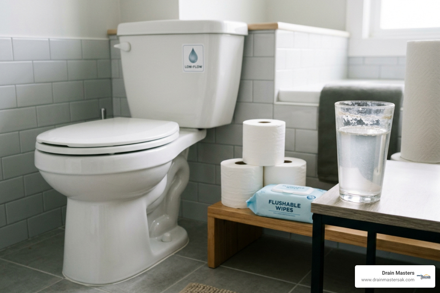 non-flushable items next to a toilet toilet paper flushable wipes low-flow toilets hard water mineral buildup