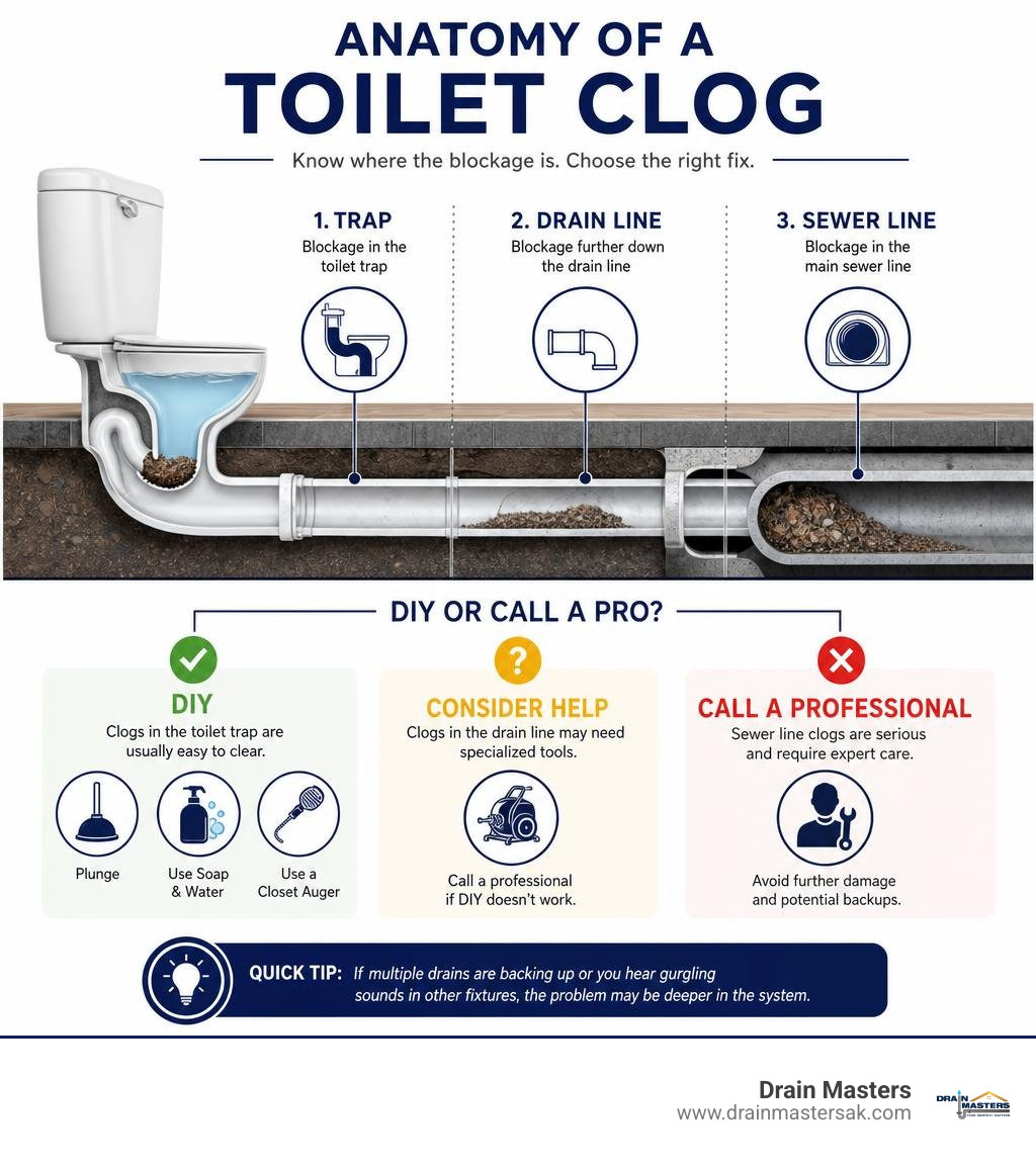 Infographic: anatomy of a toilet clog showing trap blockage, drain line, and sewer line with DIY vs professional decision