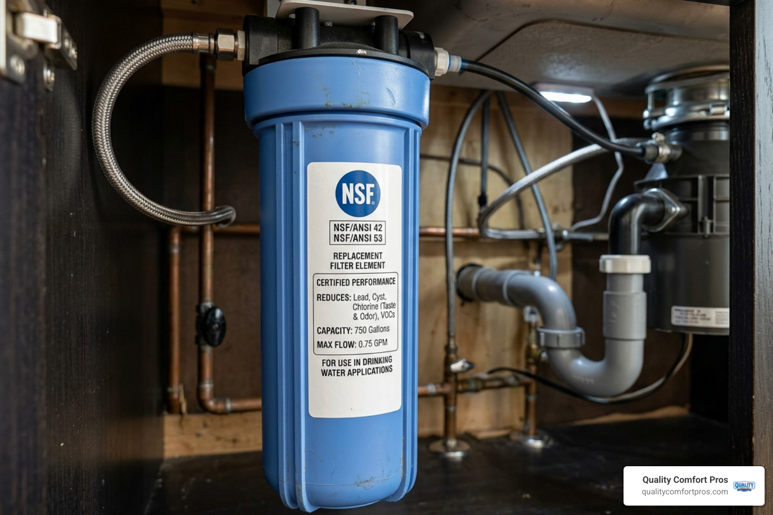 NSF certified water filter label on a home filtration system