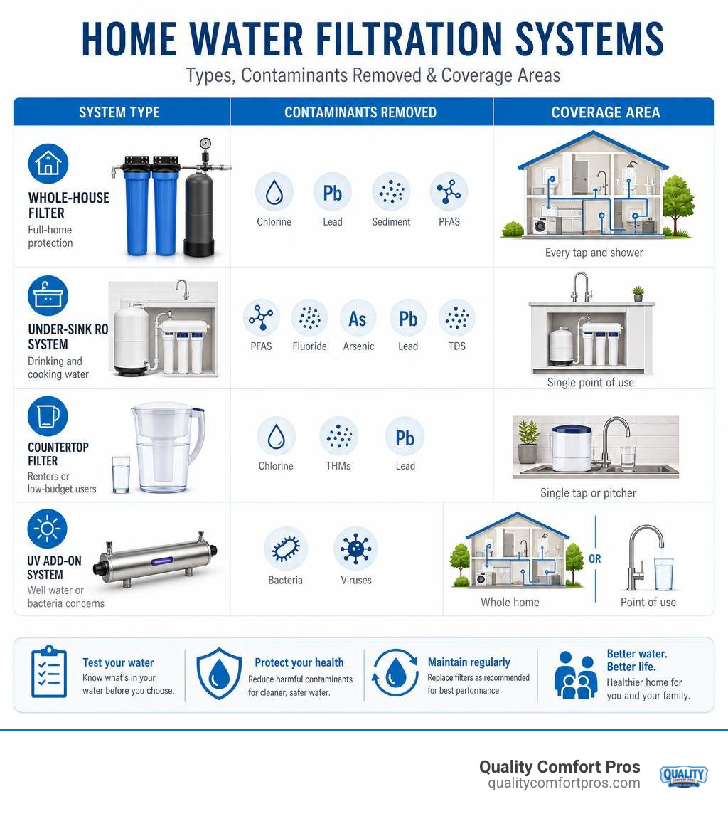 Infographic showing types of home water filtration systems, contaminants removed, and coverage areas infographic