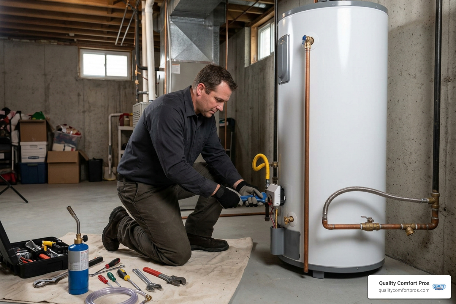 plumber installing a water heater in basement