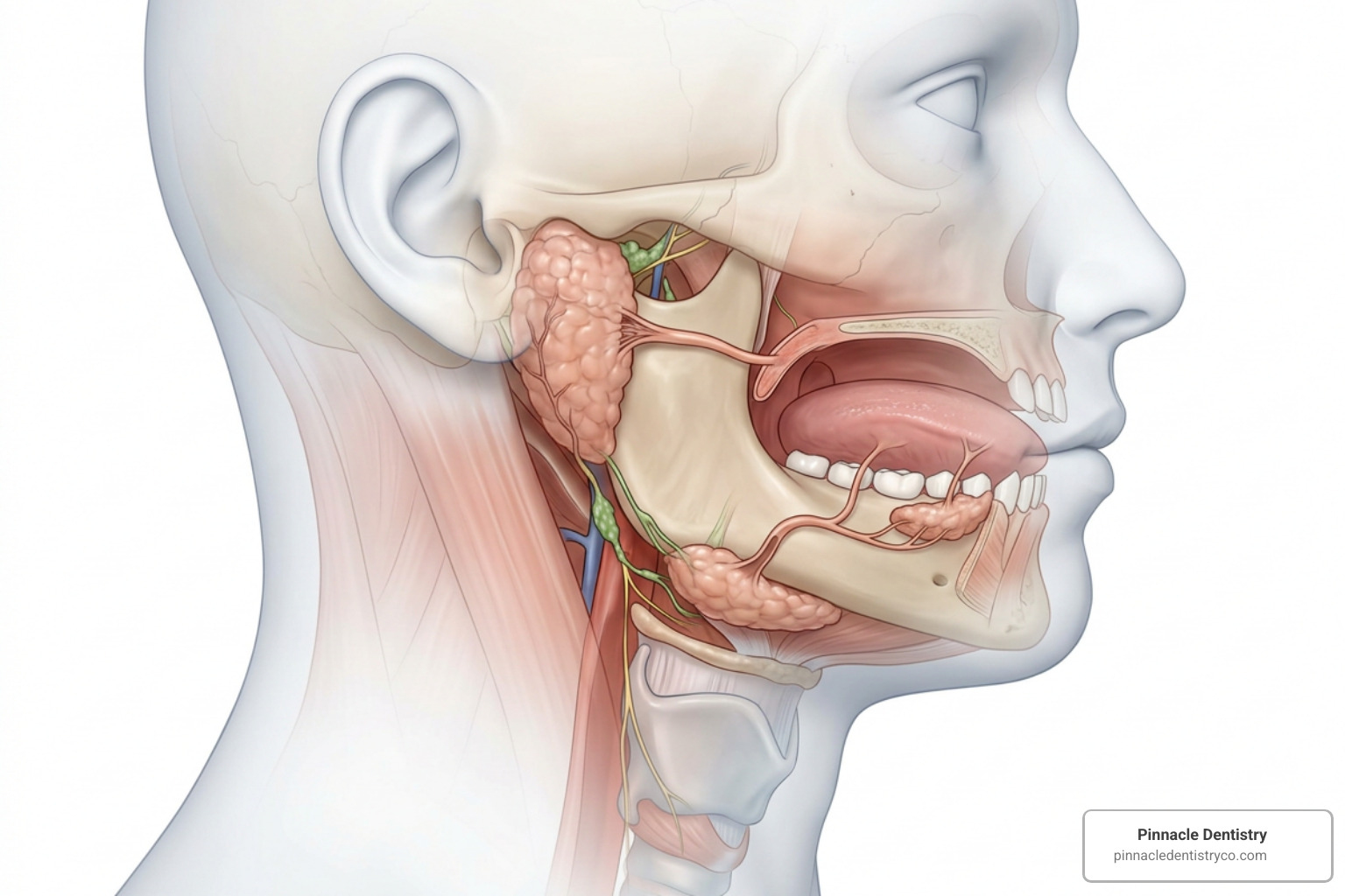 Anatomical illustration of the major human salivary glands including parotid, submandibular, and sublingual