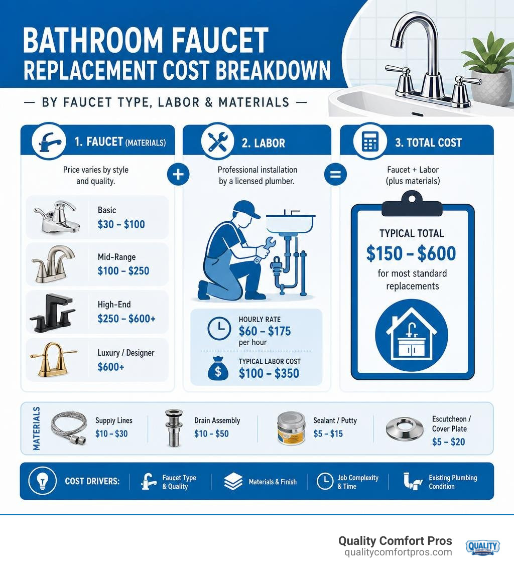 Infographic showing bathroom faucet replacement cost breakdown by faucet type, labor, and materials infographic