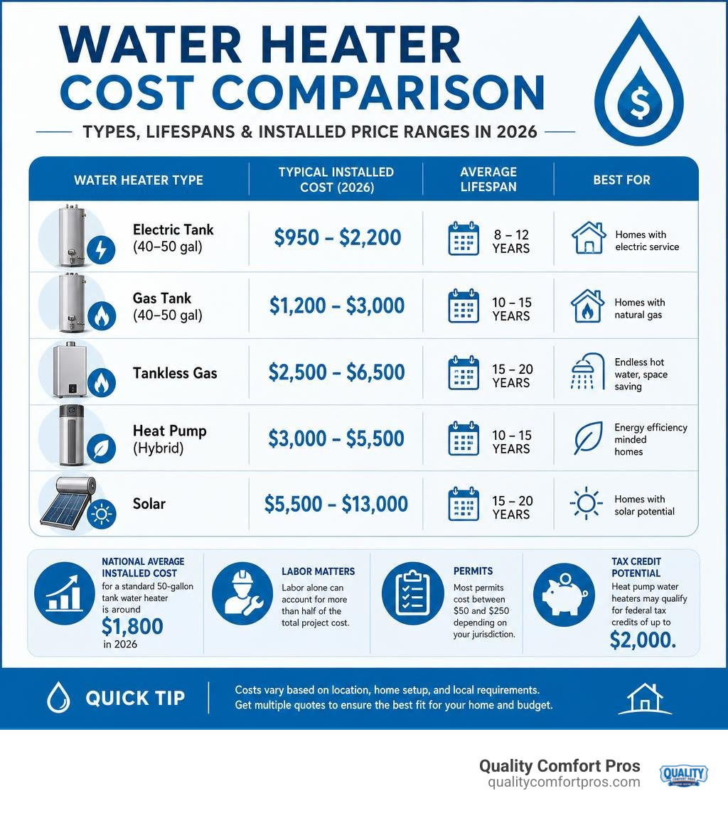 Water heater cost comparison infographic showing types, lifespans, and installed price ranges infographic