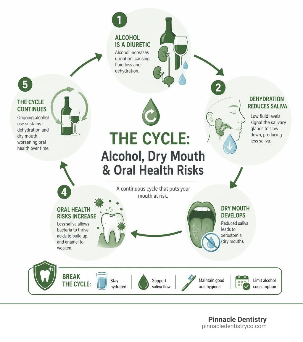 Infographic showing the cycle of alcohol-induced dehydration leading to xerostomia and oral health risks infographic