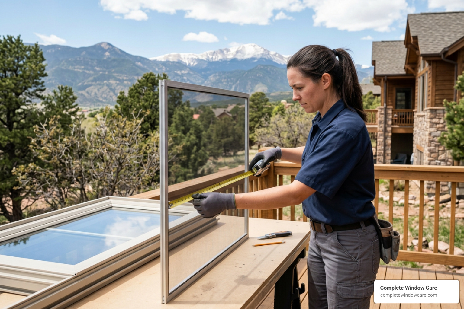 technician measuring a custom window screen frame in Colorado Springs
