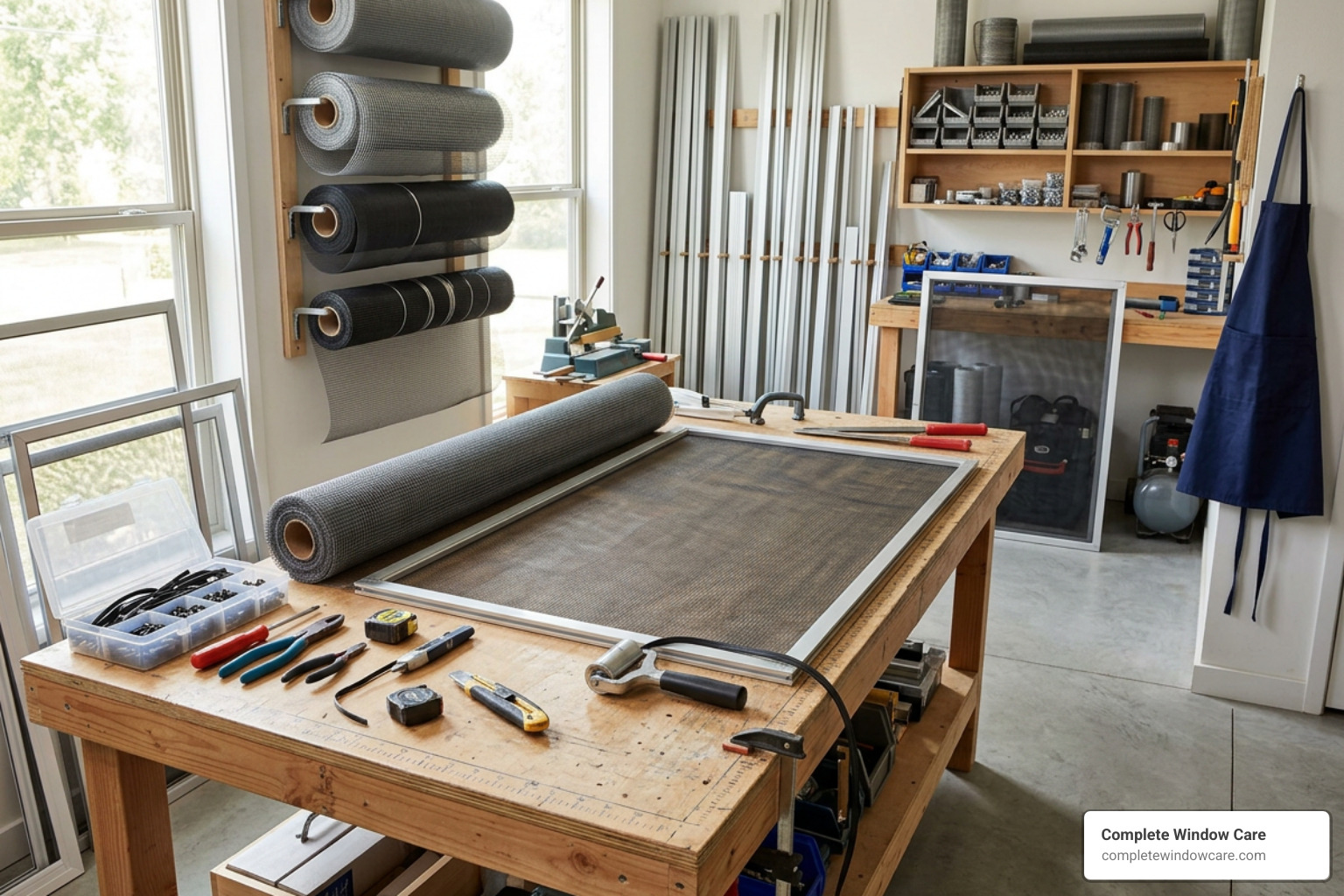 professional screen repair workshop with specialized tools and mesh rolls