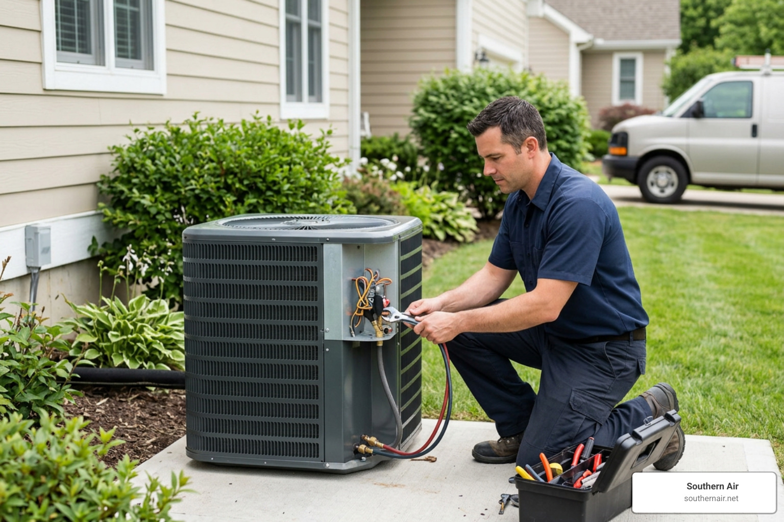 HVAC technician installing a new outdoor AC condenser unit HVAC technician installing a new outdoor AC condenser unit