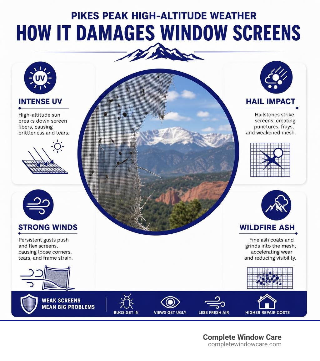 infographic showing how Pikes Peak high-altitude weather UV hail wind ash damages window screens infographic
