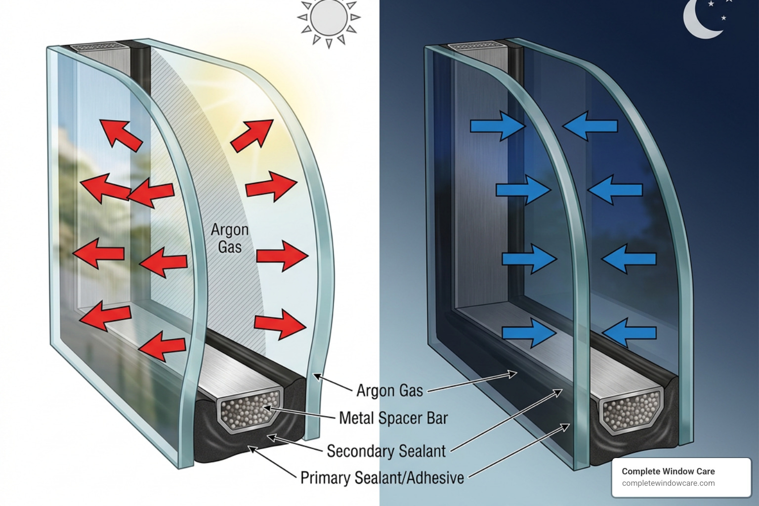 Diagram of the solar pumping process showing thermal expansion and contraction on window seals