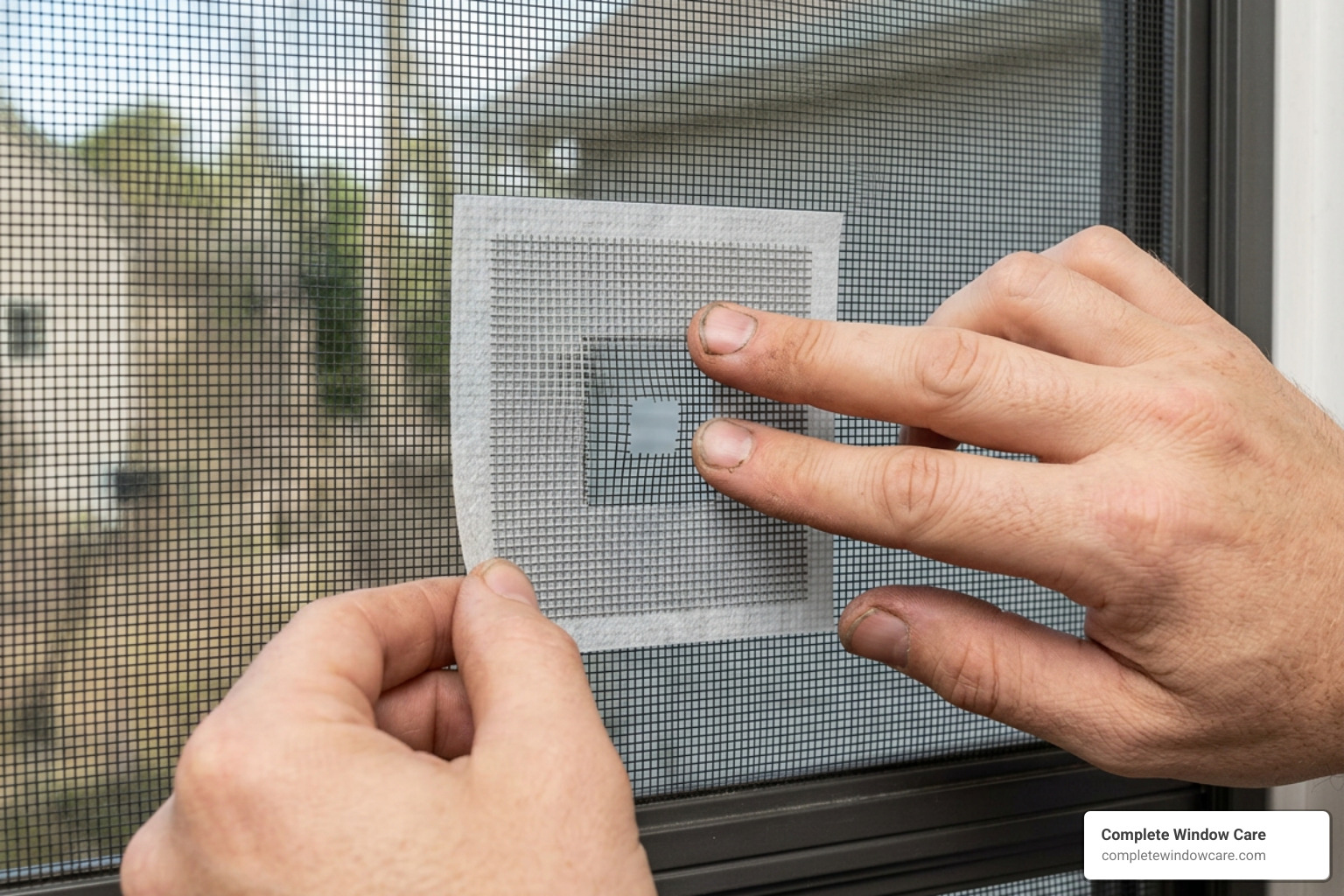 Step by step demonstration of applying a self adhesive patch to screen mesh