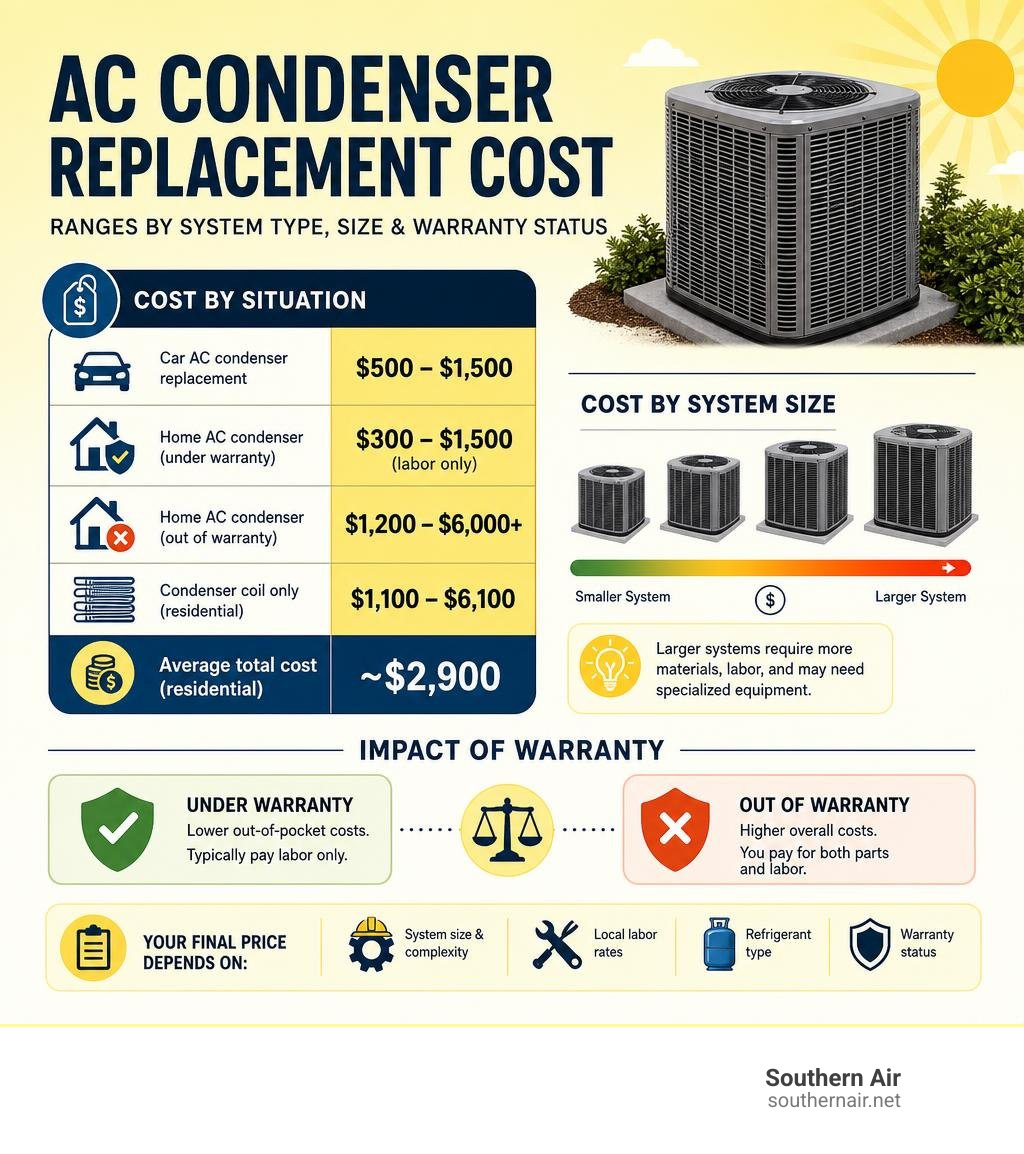 Infographic showing AC condenser replacement cost ranges by system type, size, and warranty status infographic Infographic showing AC condenser replacement cost ranges by system type, size, and warranty status infographic