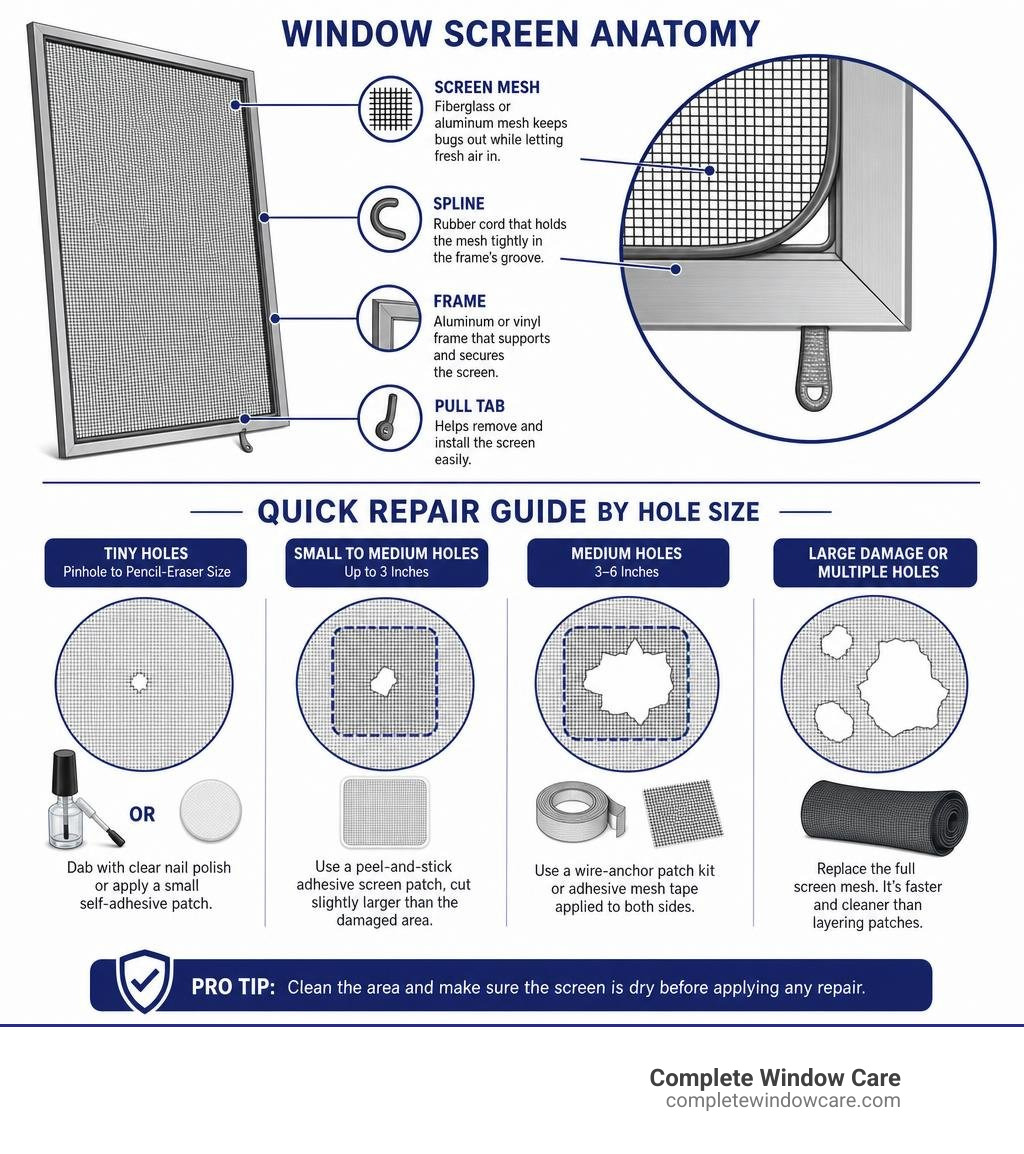 Infographic showing anatomy of a window screen and quick repair methods by hole size infographic