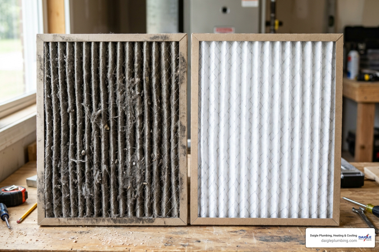 Dirty air filter compared to a clean air filter blocking AC airflow Dirty air filter compared to a clean air filter blocking AC airflow