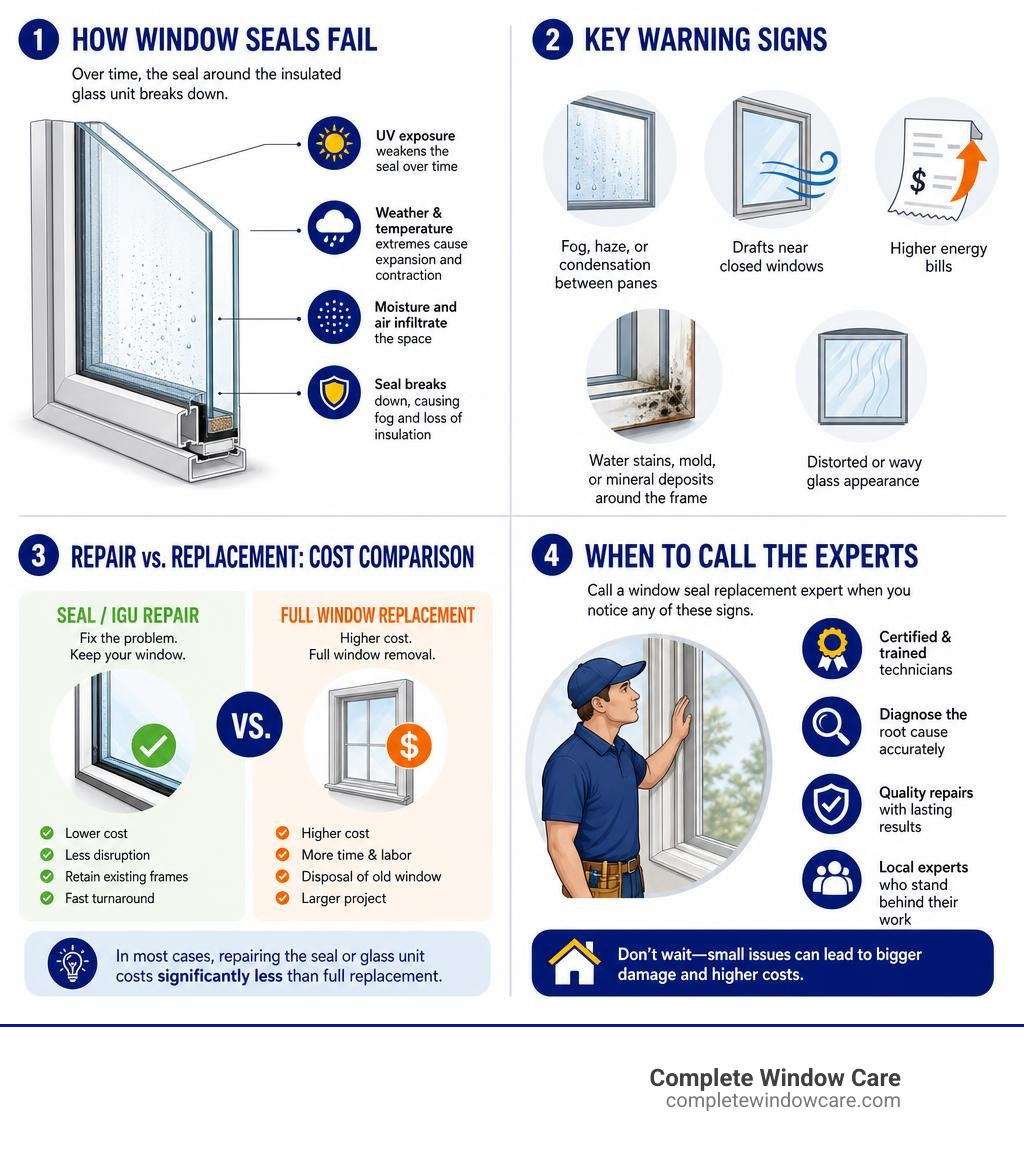 Infographic showing how window seals fail, key warning signs, cost comparison of repair vs replacement, and when to call