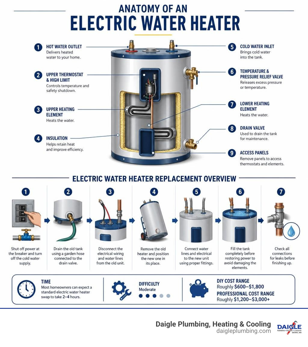 Infographic anatomy of an electric water heater with labeled components and replacement steps overview infographic Infographic anatomy of an electric water heater with labeled components and replacement steps overview infographic