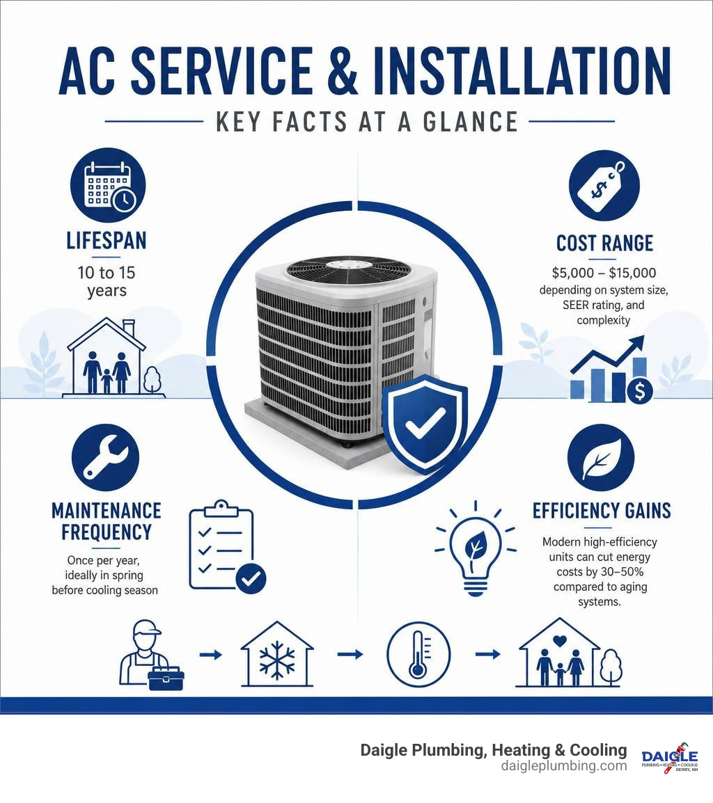 Infographic showing AC service and installation key facts: lifespan, cost, maintenance frequency, and efficiency gains Infographic showing AC service and installation key facts: lifespan, cost, maintenance frequency, and efficiency gains