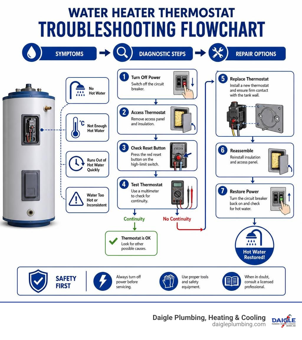 Water heater thermostat troubleshooting flowchart showing symptoms, diagnostic steps, and repair options infographic Water heater thermostat troubleshooting flowchart showing symptoms, diagnostic steps, and repair options infographic