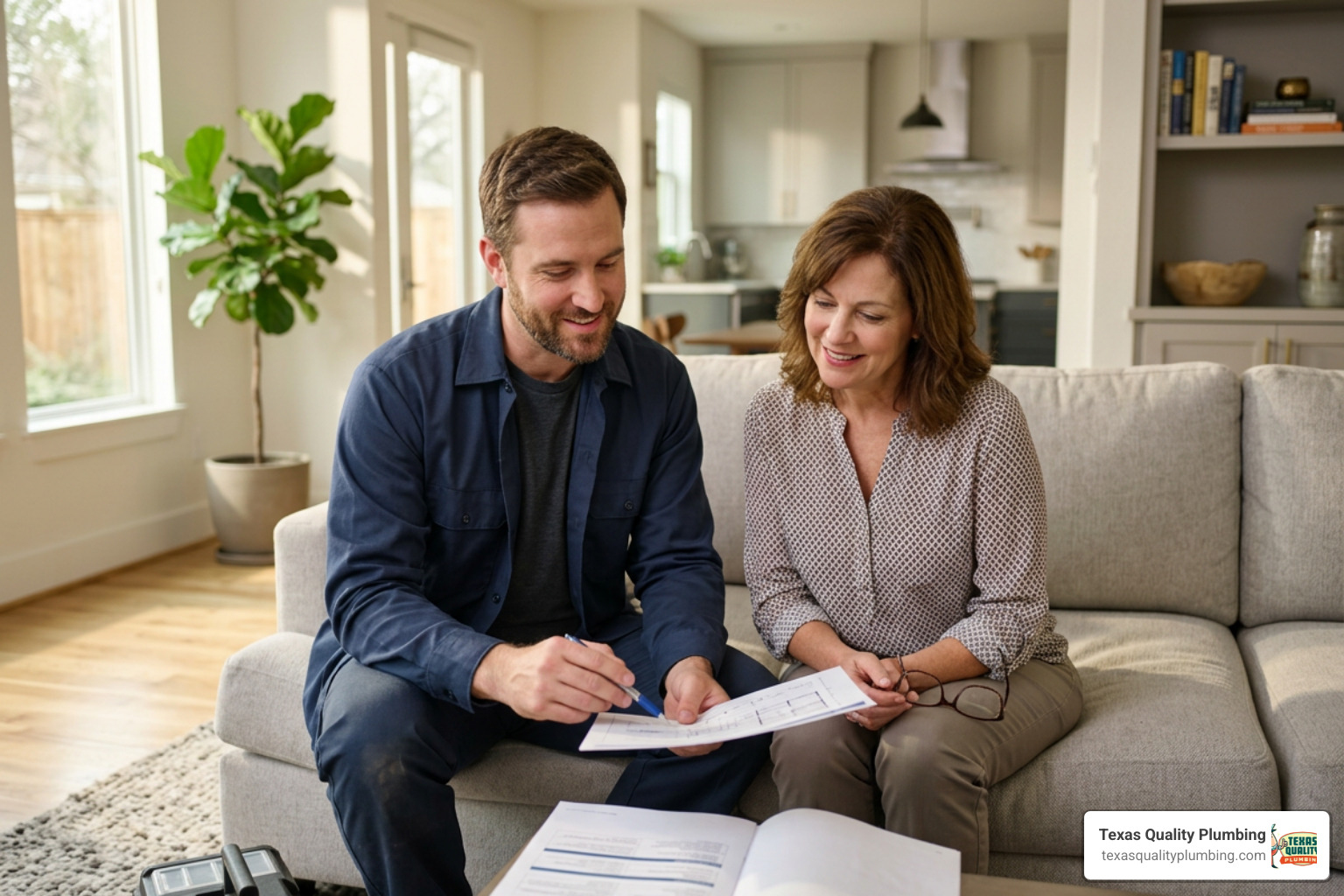 A Houston homeowner reviewing a plumbing service plan with a technician in a comfortable living room A Houston homeowner reviewing a plumbing service plan with a technician in a comfortable living room