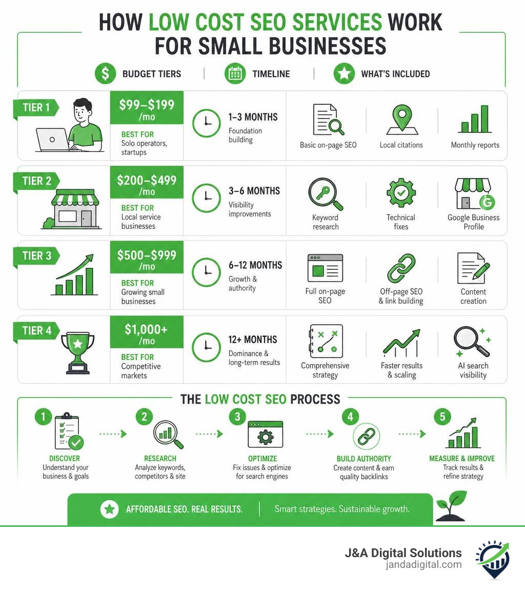 How low cost SEO services work for small businesses - budget tiers, timeline, and what's included infographic How low cost SEO services work for small businesses - budget tiers, timeline, and what's included infographic