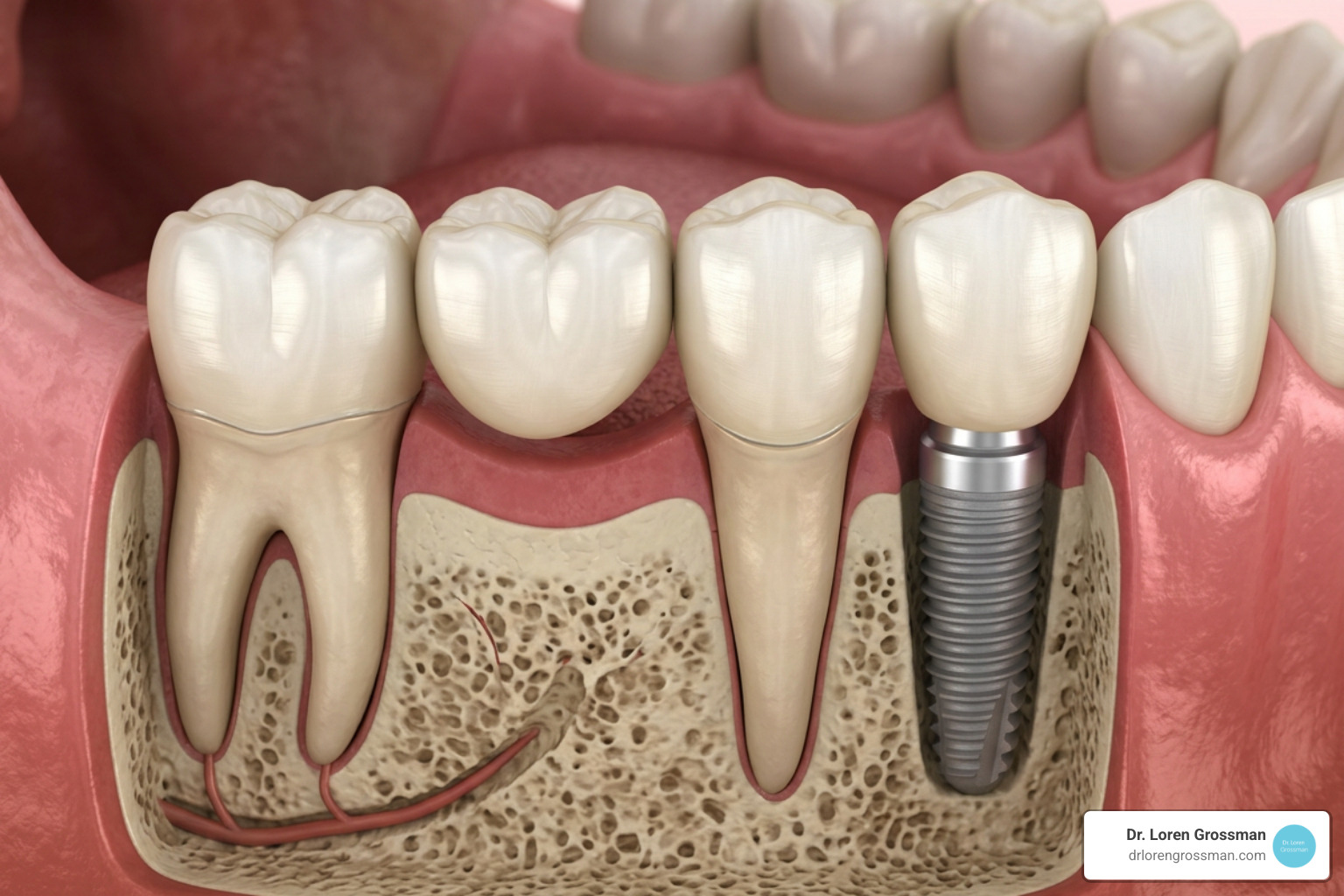 Comparison of a dental bridge and a dental implant in the jawbone