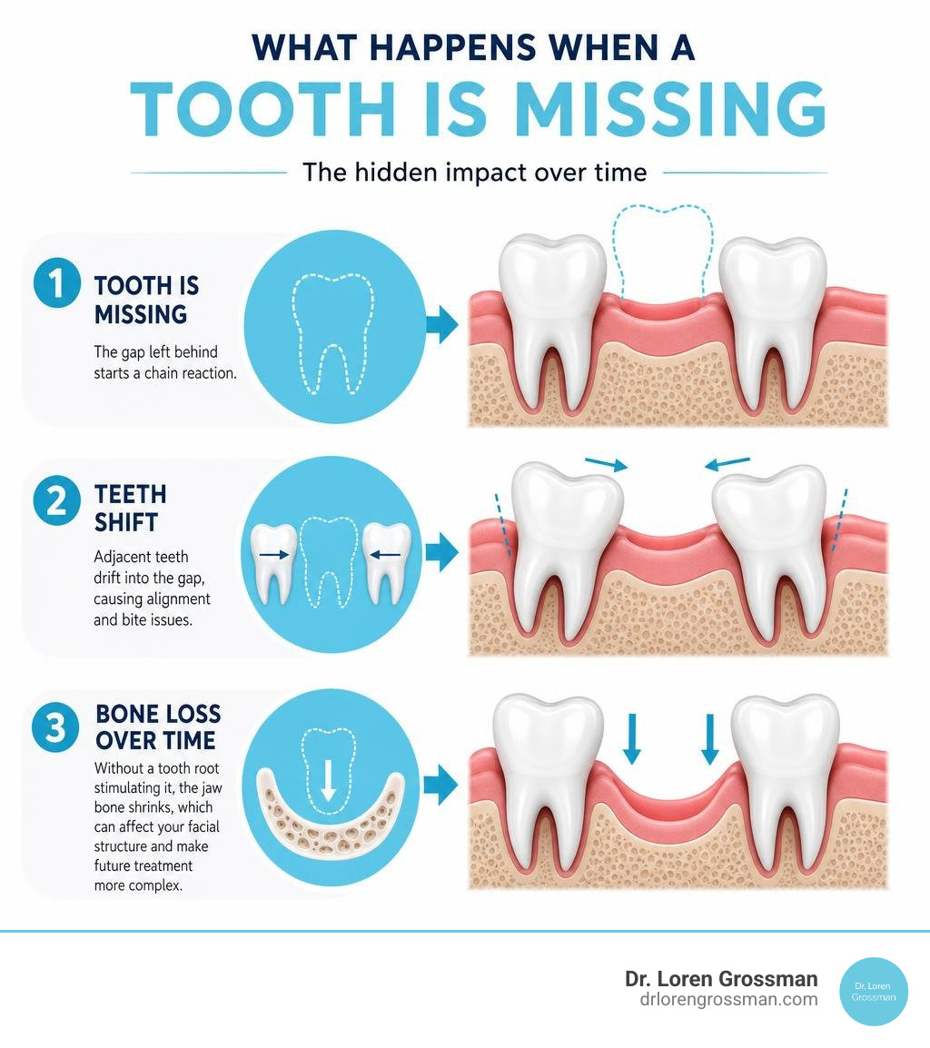 Infographic showing how a missing tooth causes adjacent teeth to shift and bone loss over time infographic