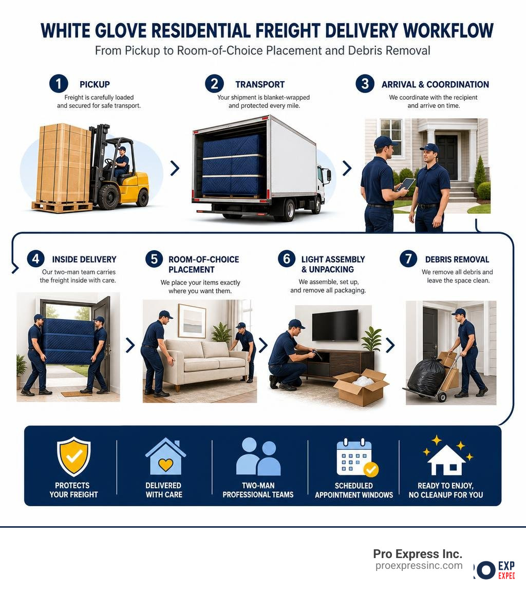 White glove residential freight delivery workflow from pickup to room-of-choice placement and debris removal infographic White glove residential freight delivery workflow from pickup to room-of-choice placement and debris removal infographic