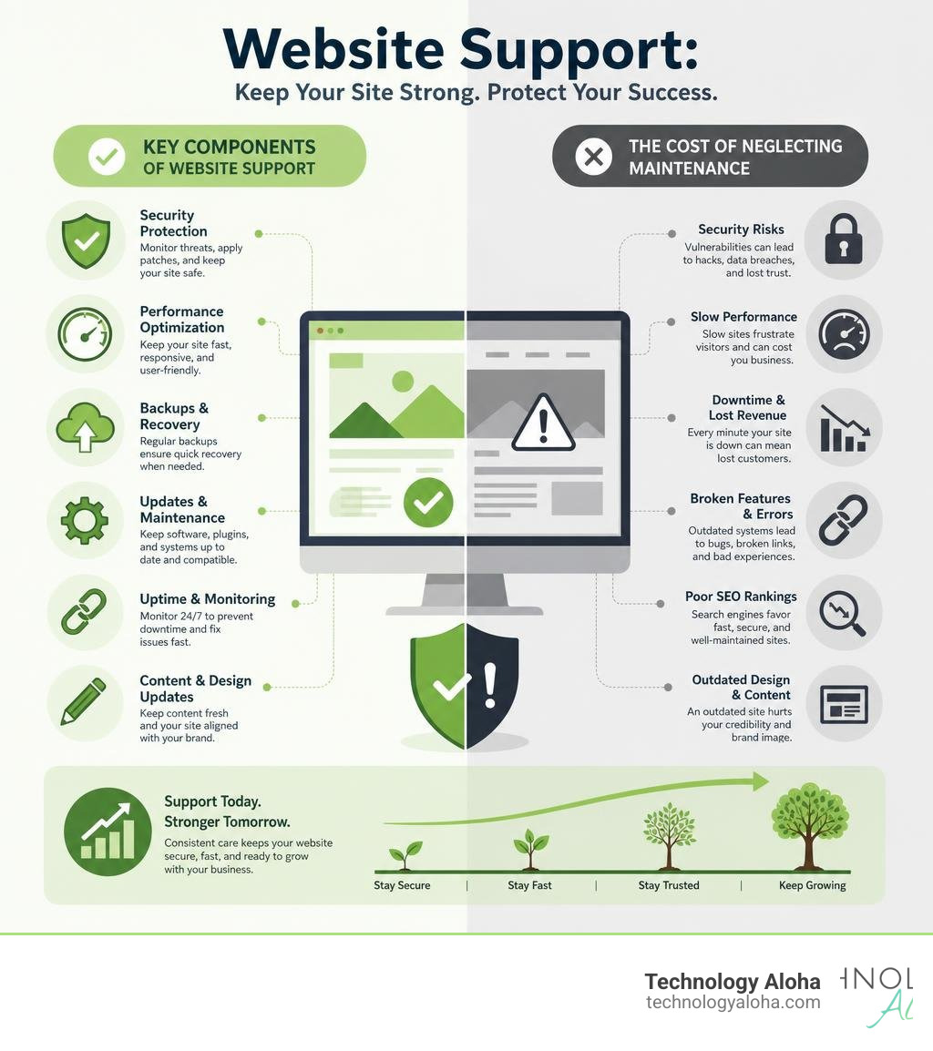 infographic showing key components of website support and the cost of neglecting maintenance infographic infographic showing key components of website support and the cost of neglecting maintenance infographic