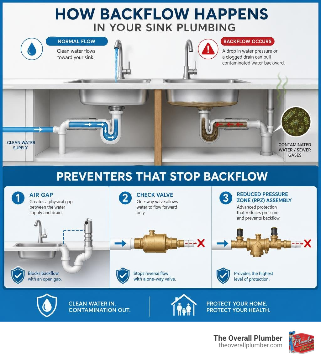 Infographic showing how backflow occurs in home sink plumbing and the types of preventers that stop it infographic