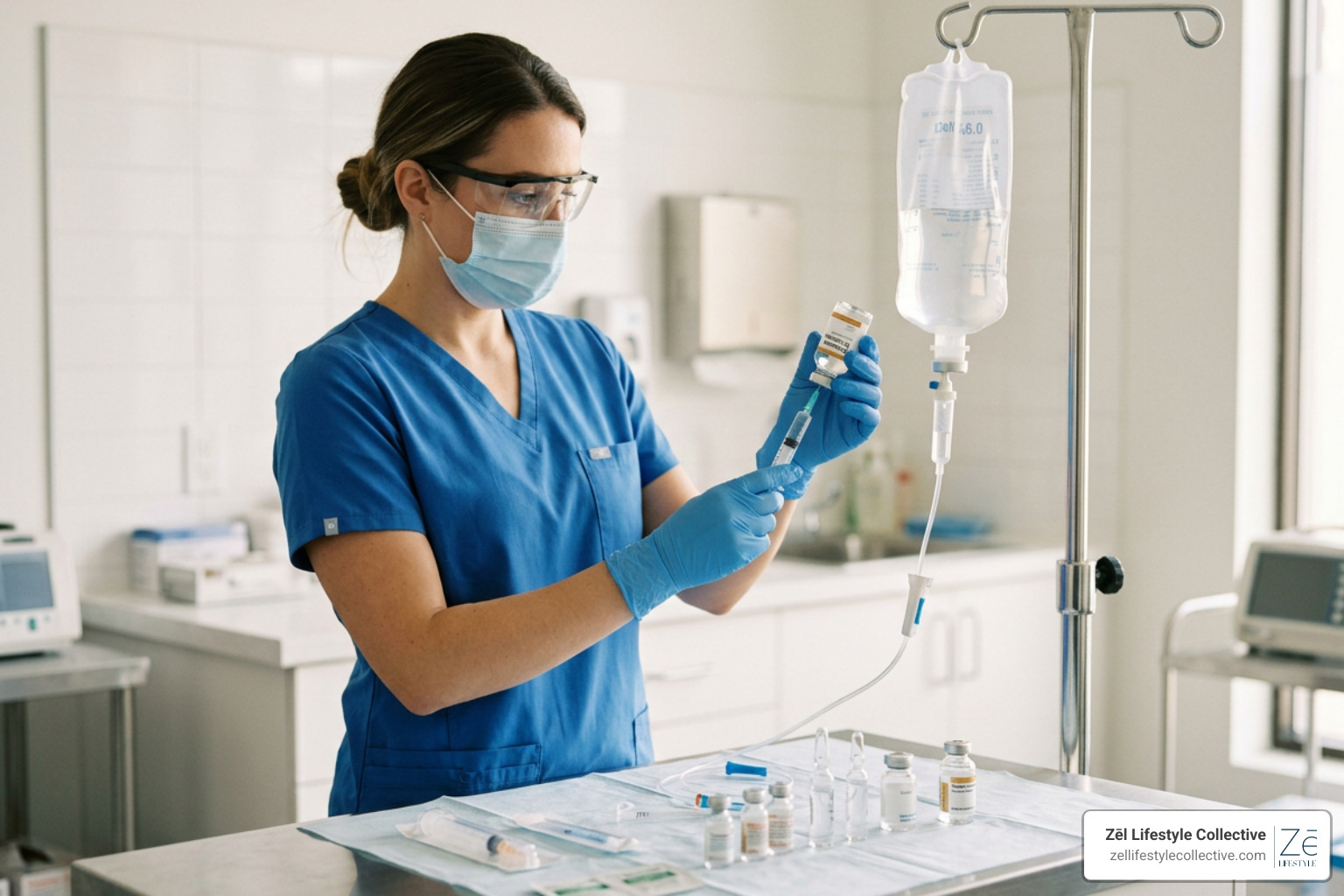Preparing a sterile IV drip bag with vitamins and minerals