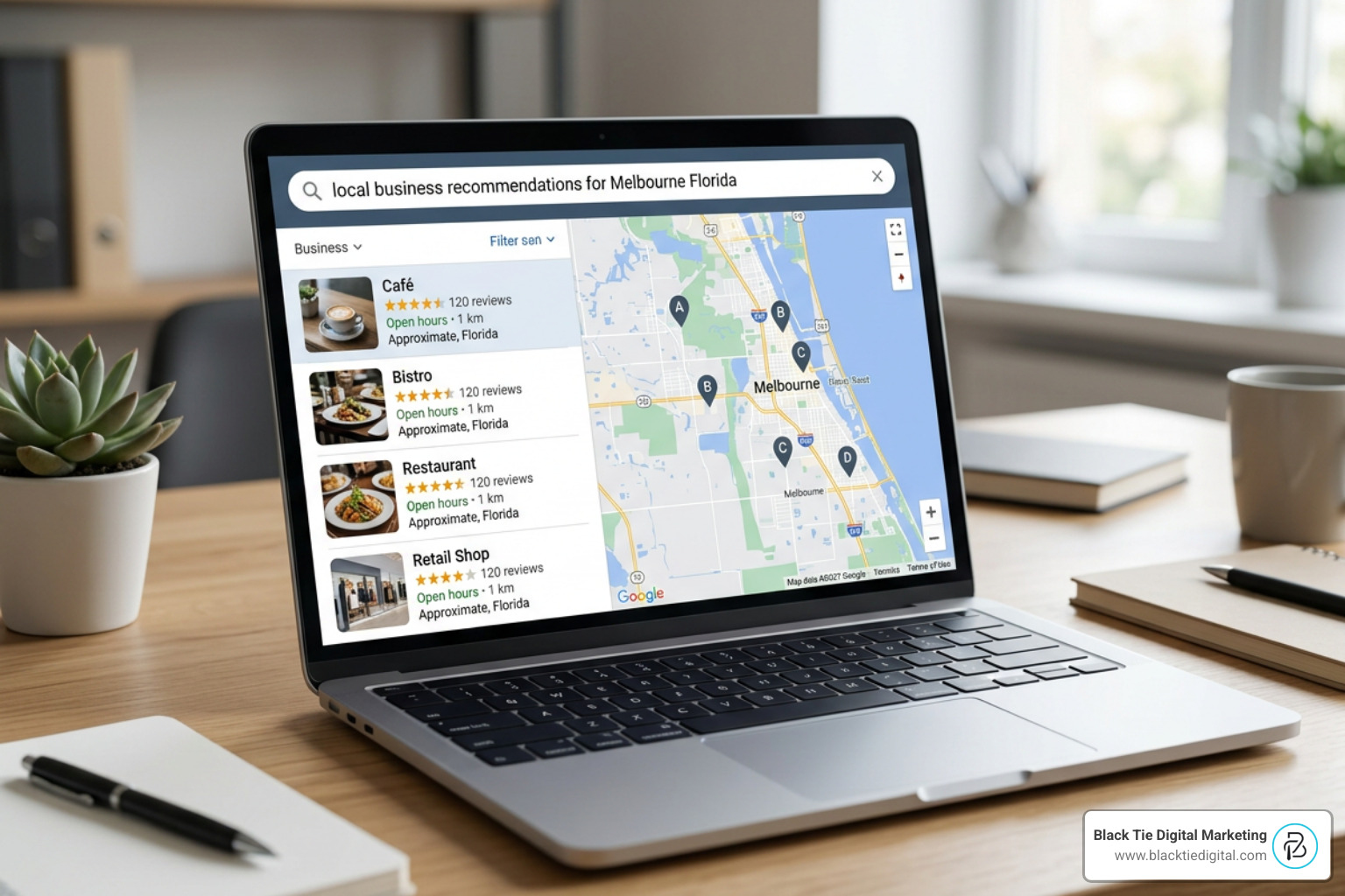 AI search interface displaying local business recommendations in Melbourne Florida