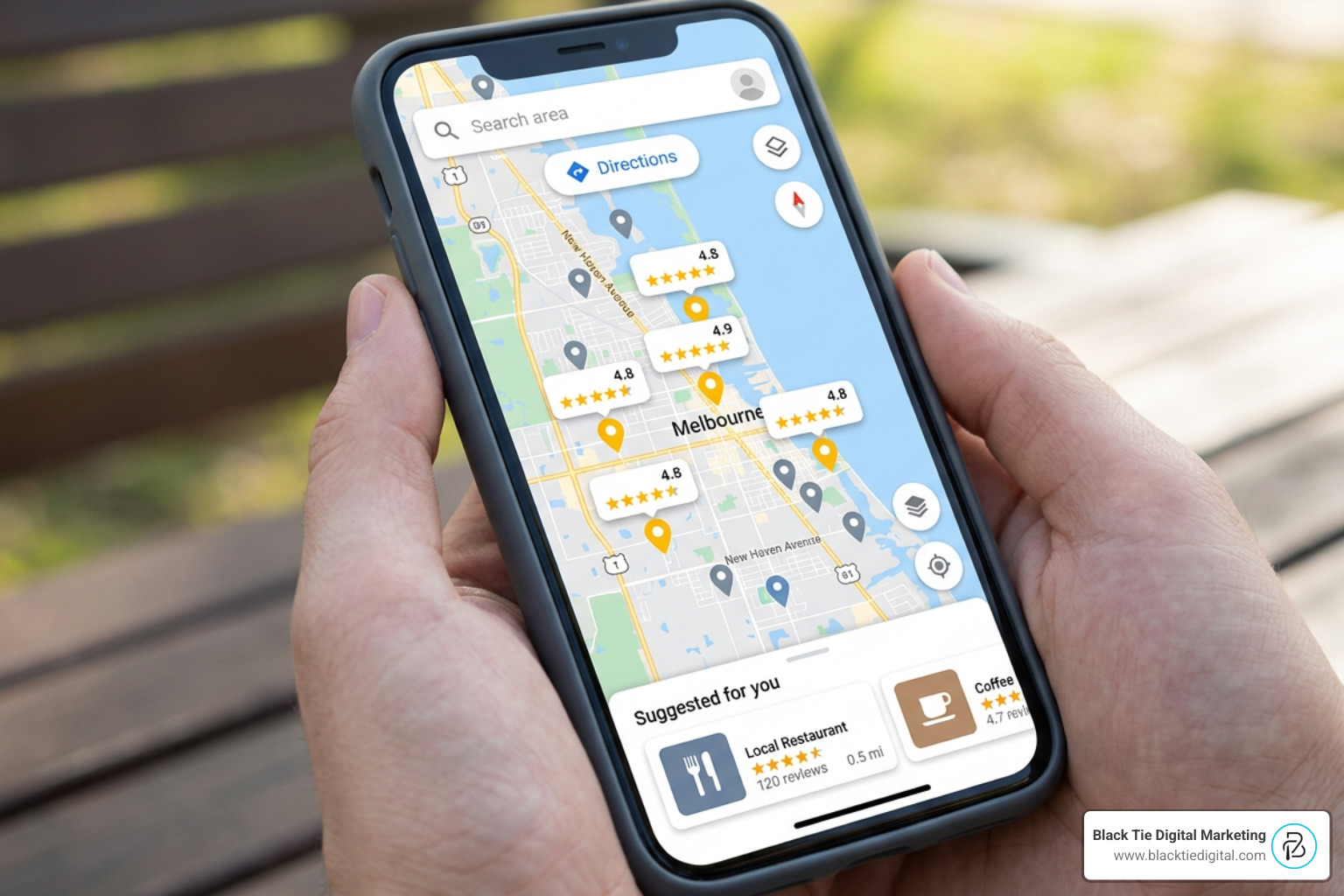 Google Maps local pack results showing highly rated local businesses in Melbourne Florida