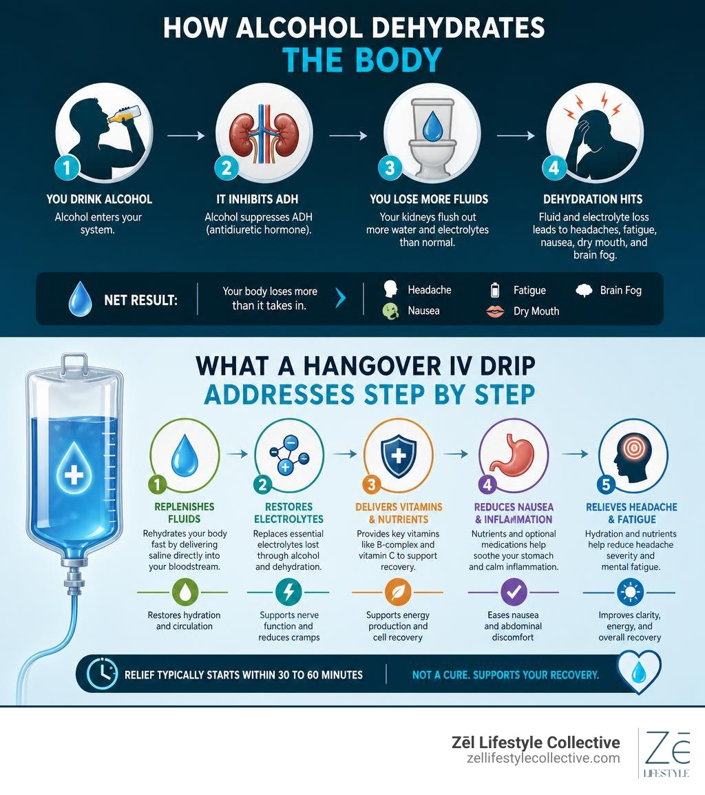 How alcohol dehydrates the body and what a hangover IV drip addresses step by step infographic