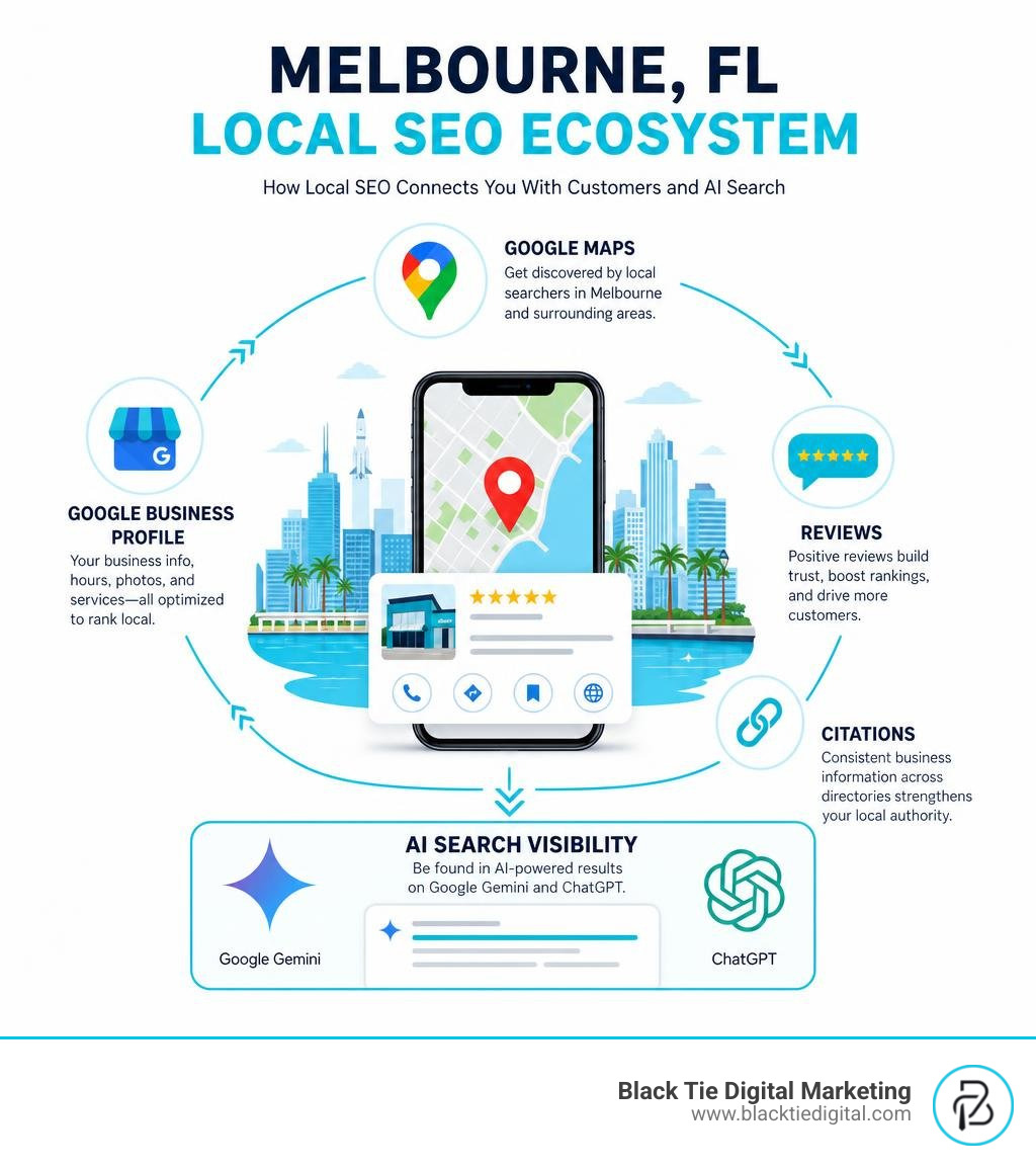 Infographic showing Melbourne FL local SEO ecosystem including Google Maps Google Business Profile citations reviews and AI