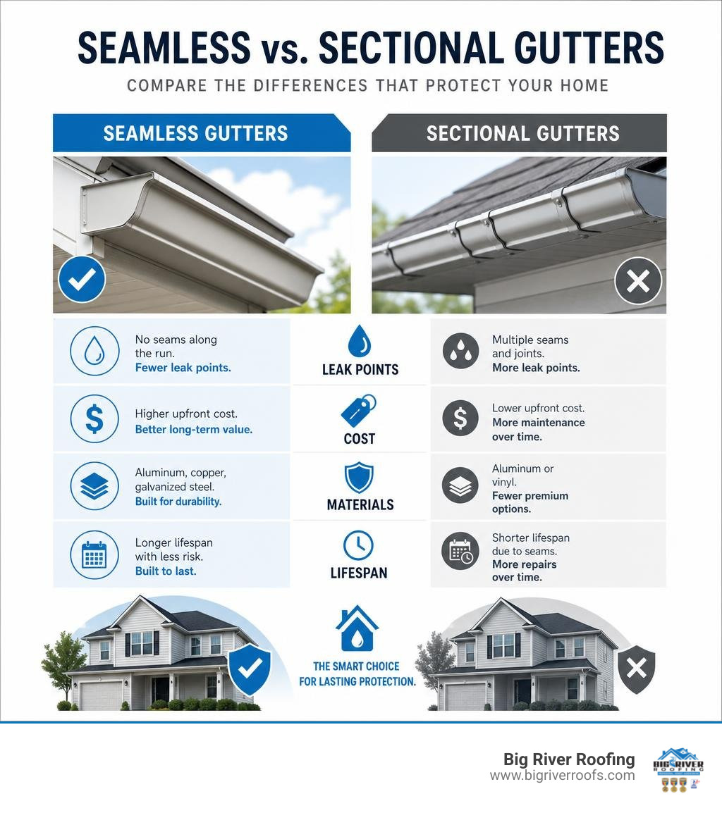 Infographic comparing seamless vs sectional gutters: leak points, cost, materials, and lifespan infographic
