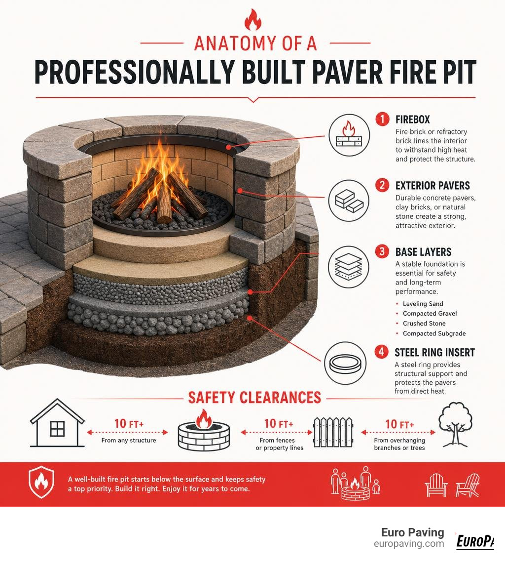 Anatomy of a professionally built paver fire pit: base layers, firebox, exterior pavers, and safety clearances infographic