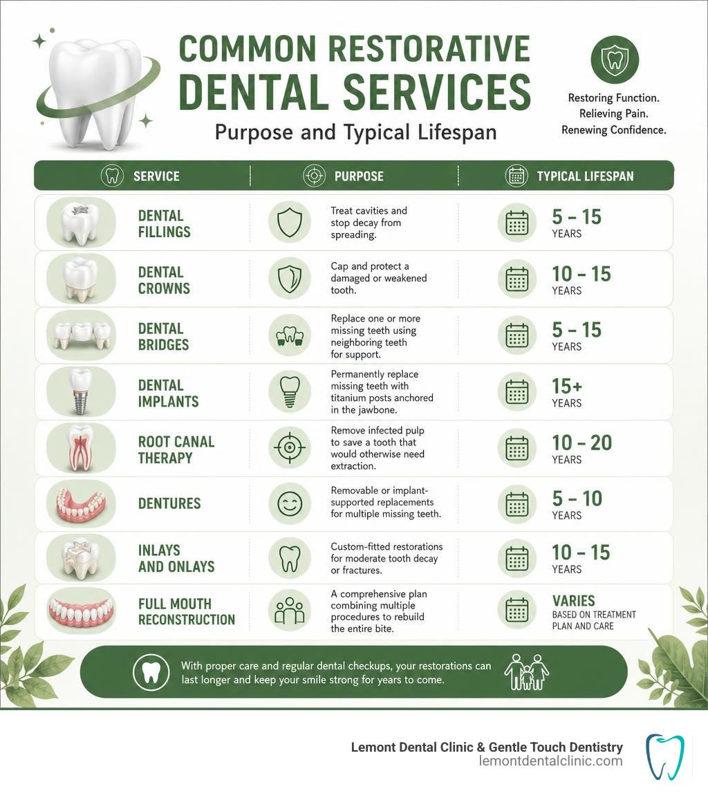 Infographic showing common restorative dental services, their purpose, and typical lifespan infographic Infographic showing common restorative dental services, their purpose, and typical lifespan infographic